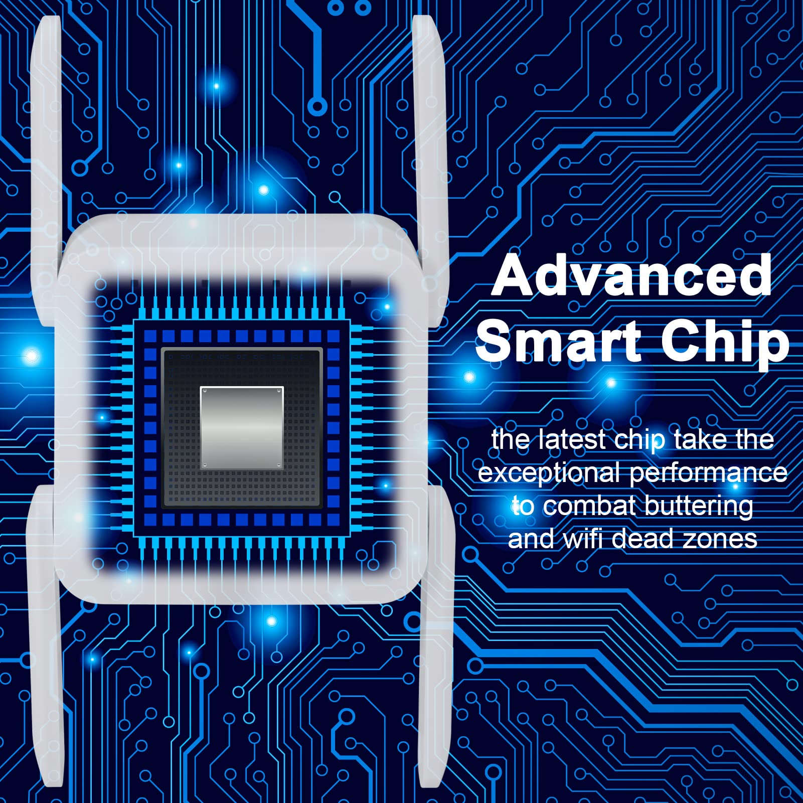 Ein weißer Router mit Text: Advanced Smart Chip. Der Router hat Antennen und befindet sich auf blauem Hintergrund.