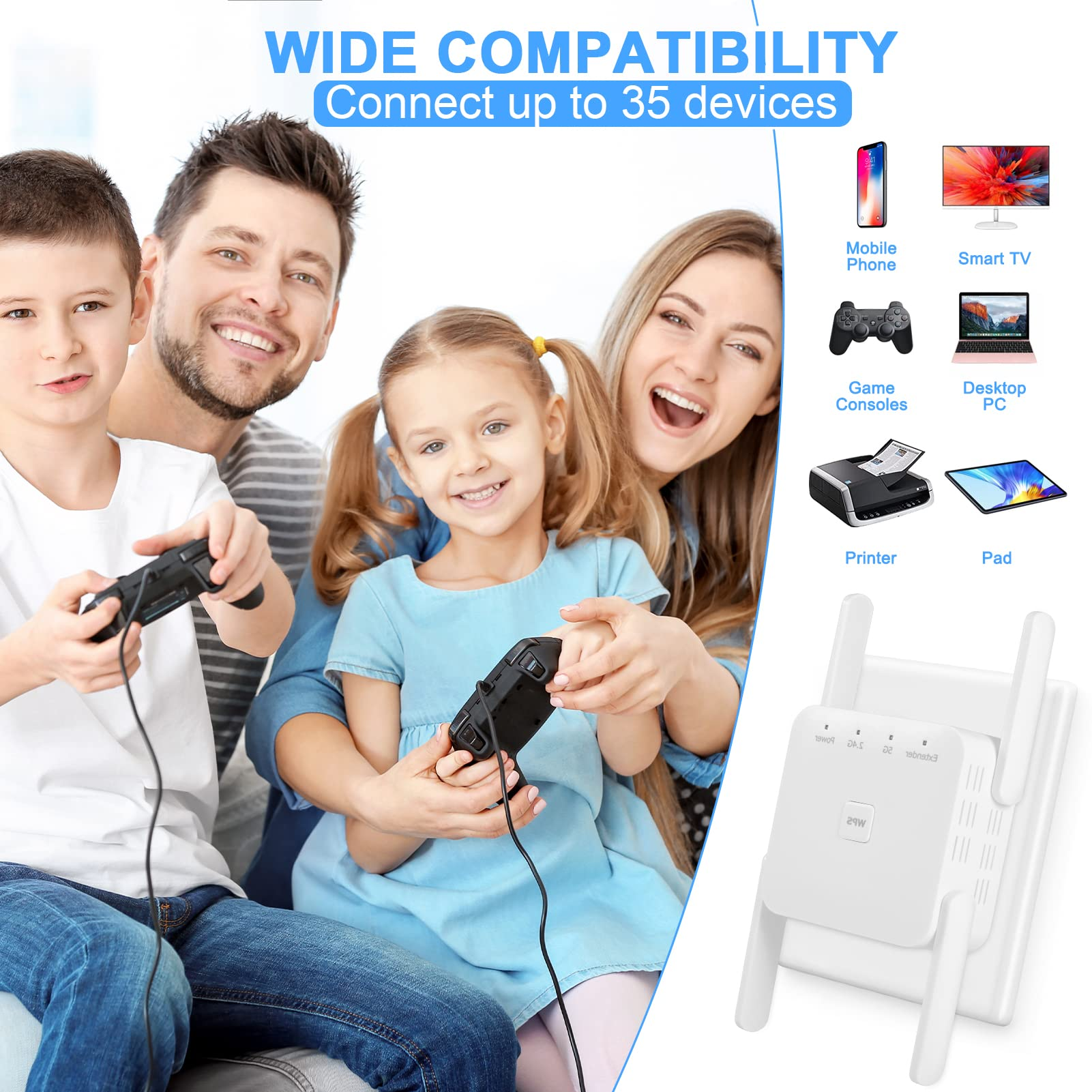 Eine vierköpfige Familie lächelt beim Videospielen, ein Bild eines Routers und anderer Geräte ist enthalten.