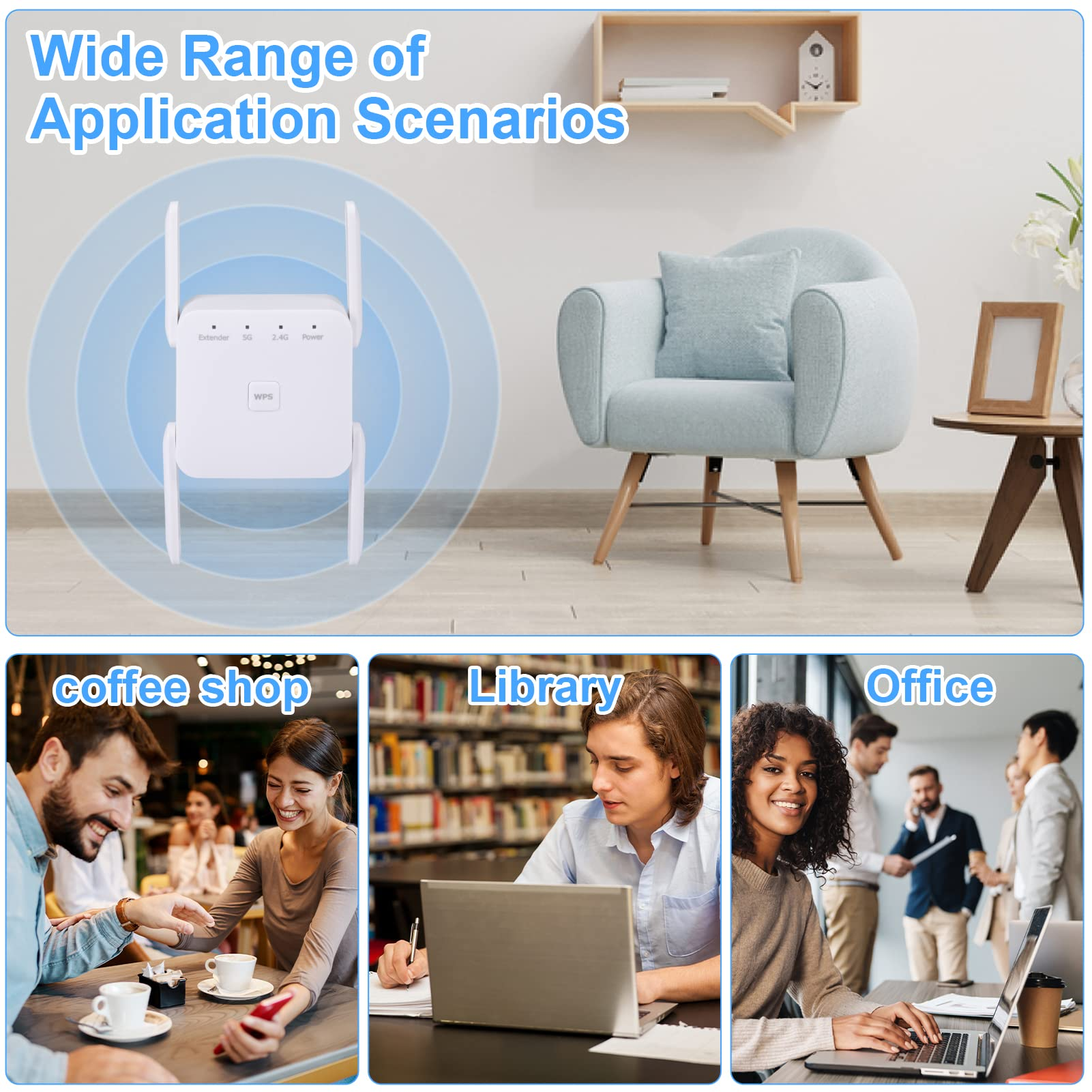 Ein weißer WLAN-Extender mit drei Szenarien: Café, Bibliothek und Büro, in denen Personen ihn nutzen.