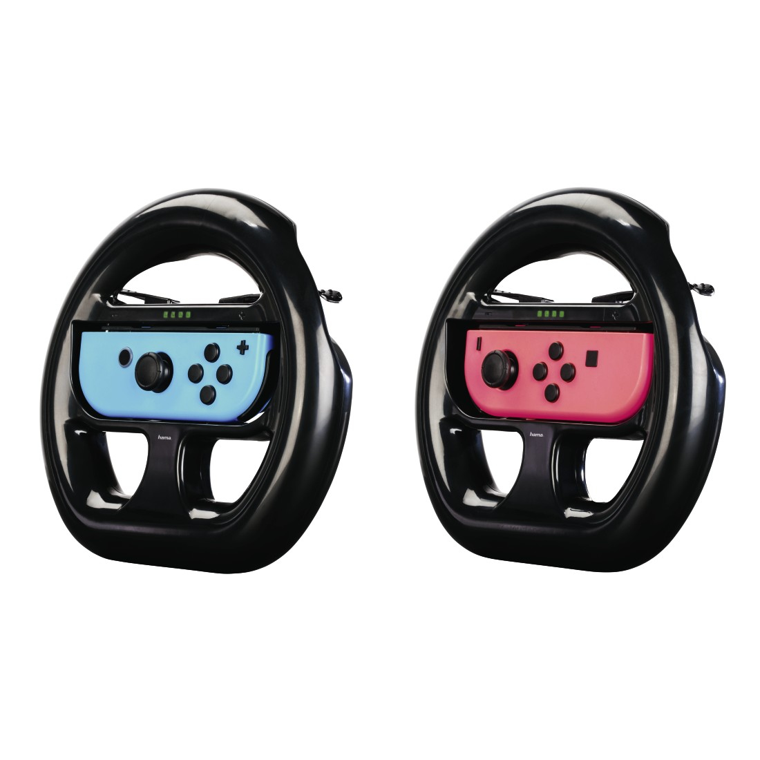 Due volanti da gioco neri con controller all'interno, uno blu, uno rosso.