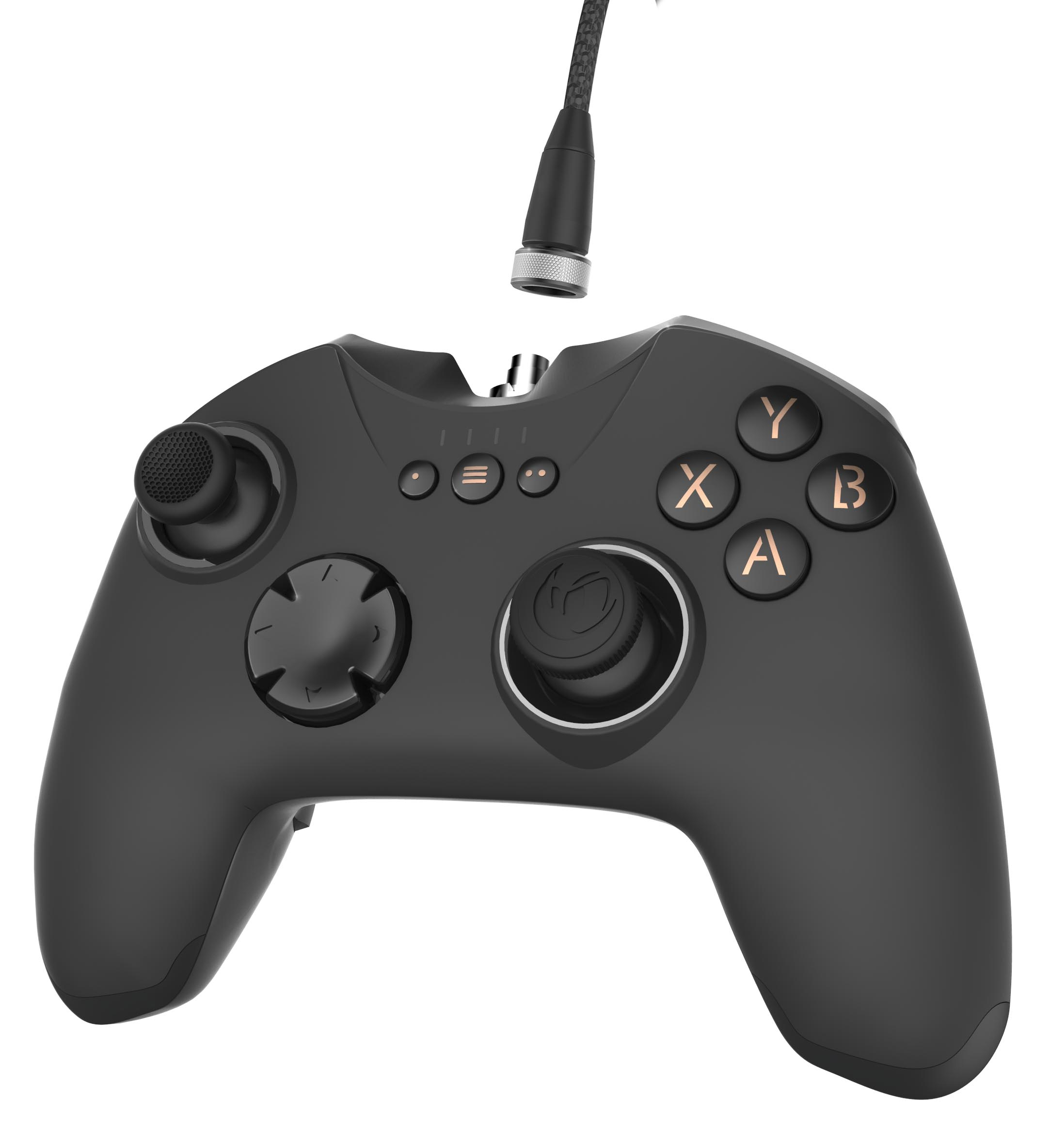 Un controller di gioco nero con pulsanti color rame e un cavo collegato.