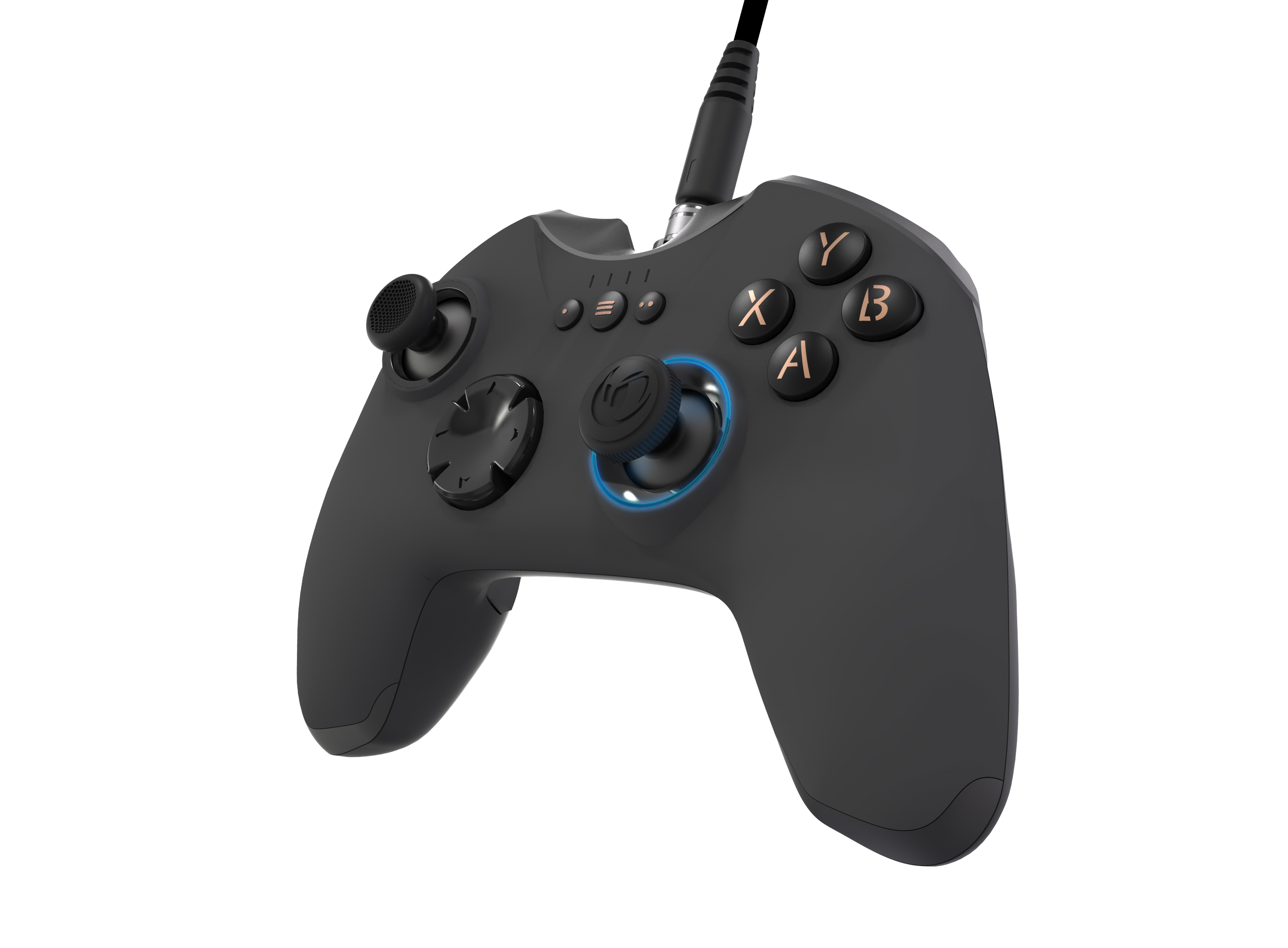 Un gamepad nero con pulsanti etichettati X, A, B e Y, e un joystick analogico e un D-pad.