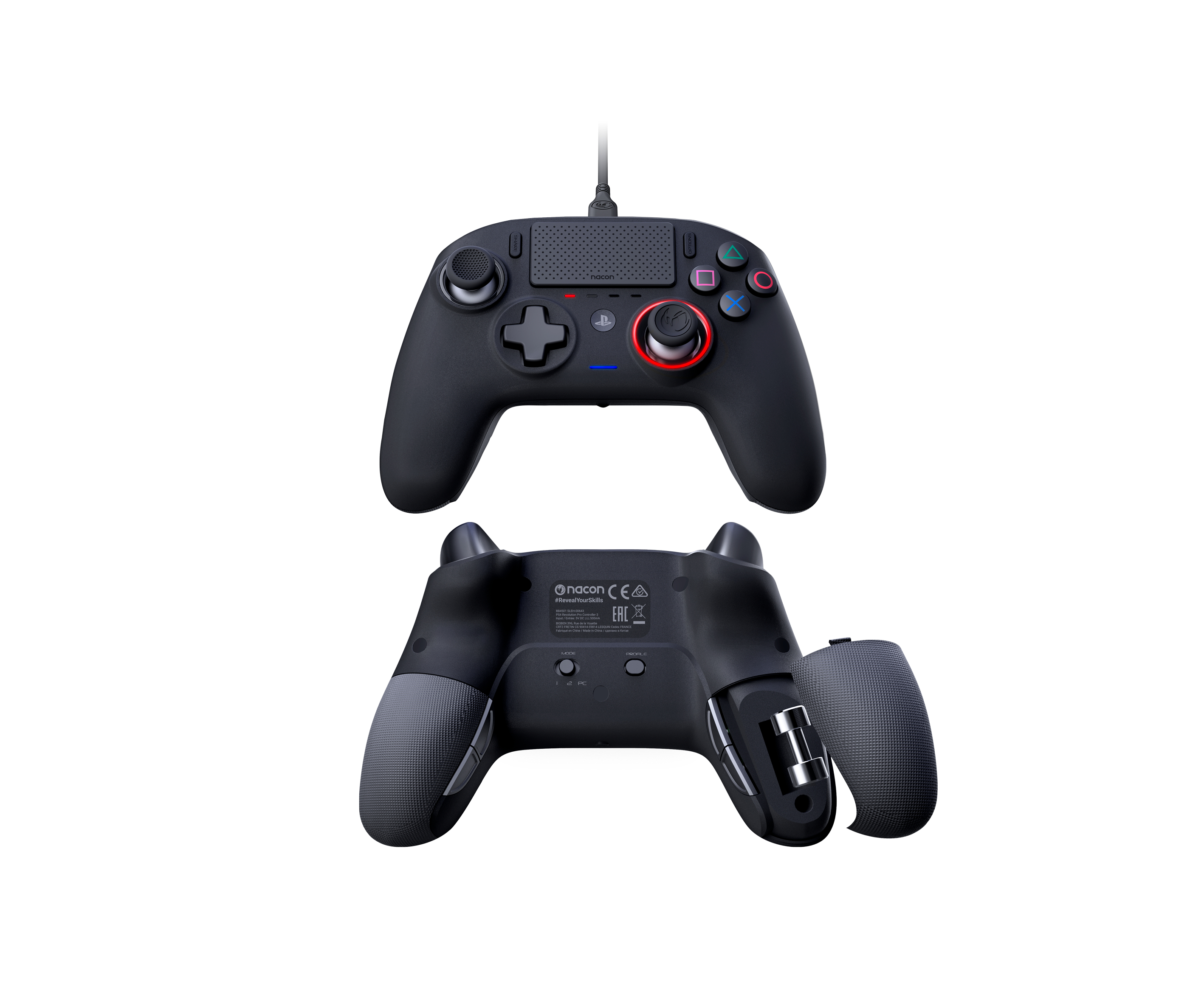 Mando de juego negro. Arriba botones. Abajo parte trasera con piezas.
