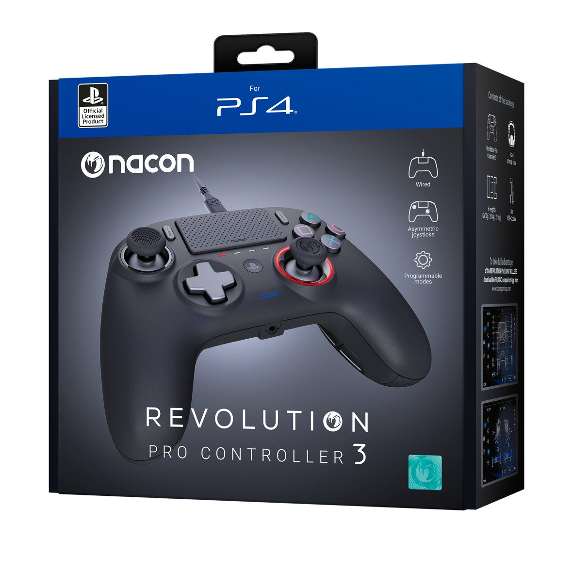 Mando PS4 negro en una caja con 'Nacon' y 'Revolution Pro Controller 3' impresos.