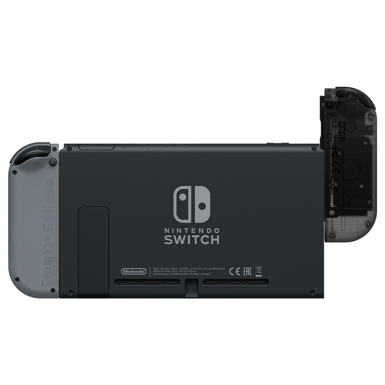 Il retro della console Nintendo Switch con un controller staccato.