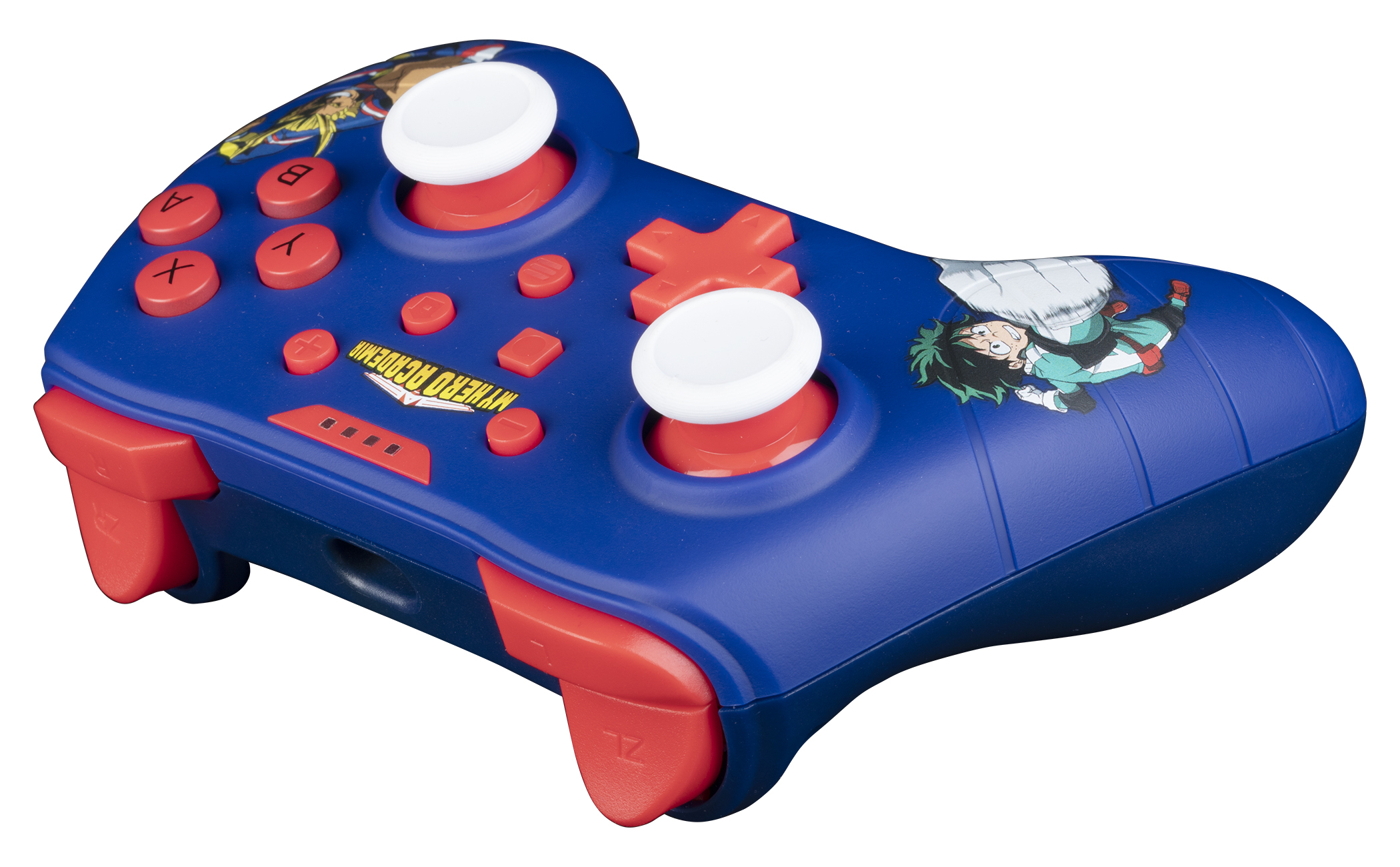 Gamepad blu My Hero Academia. Pulsanti rossi. Joystick bianchi con illustrazioni di Deku.