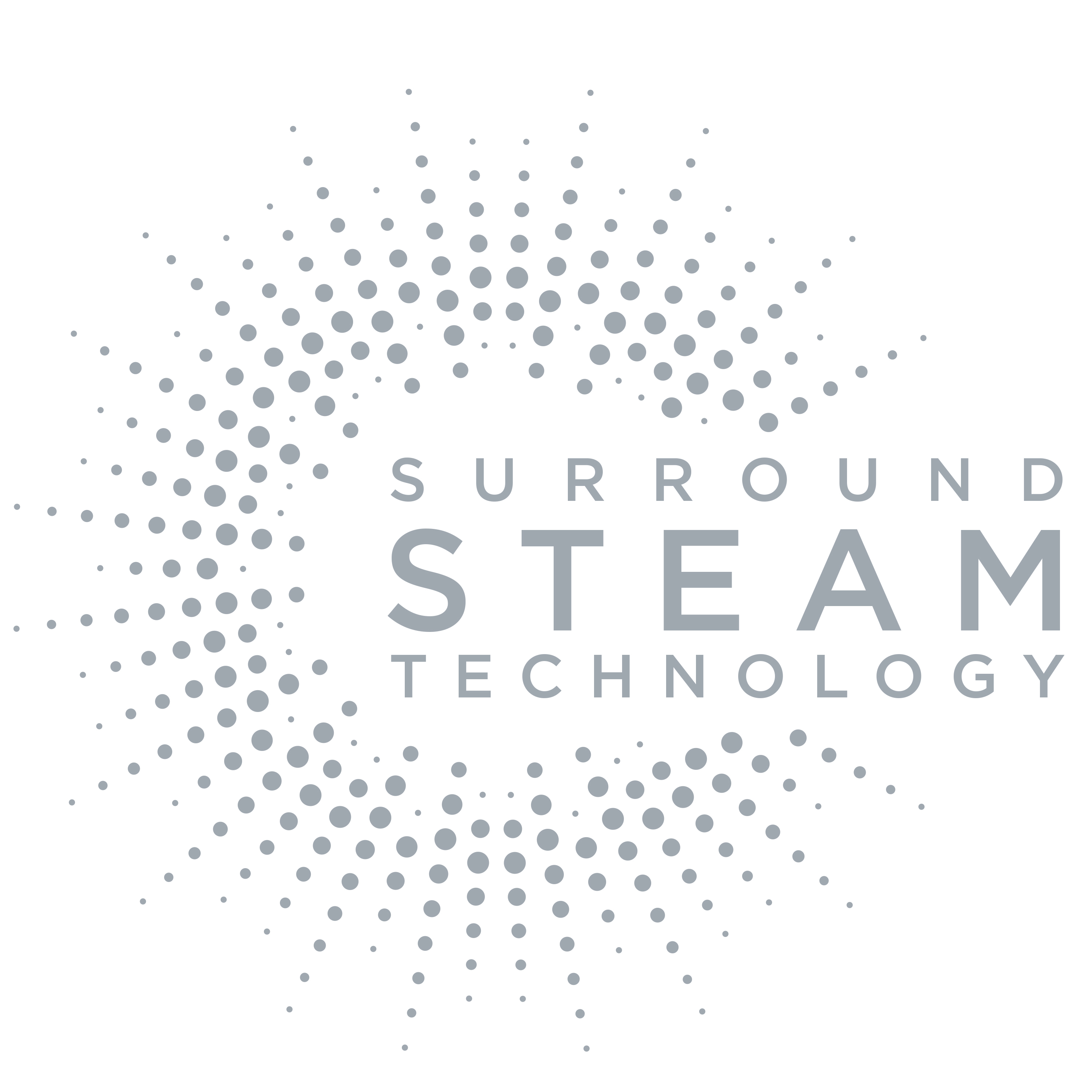 Logo: grijze stippen vormen een cirkel, tekst luidt SURROUND STEAM TECHNOLOGY.