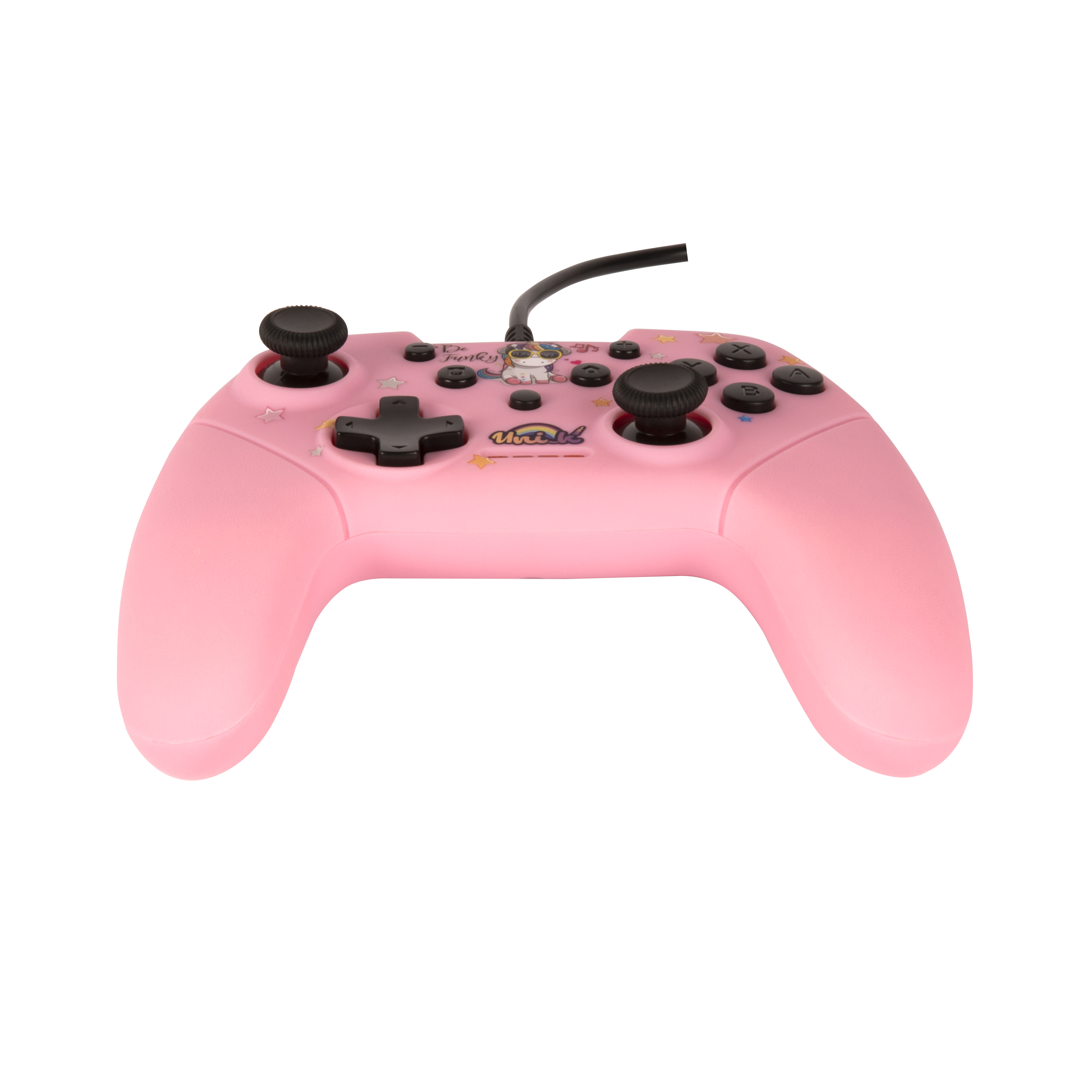 Controller di gioco rosa con pulsanti neri e un design a unicorno su sfondo bianco.