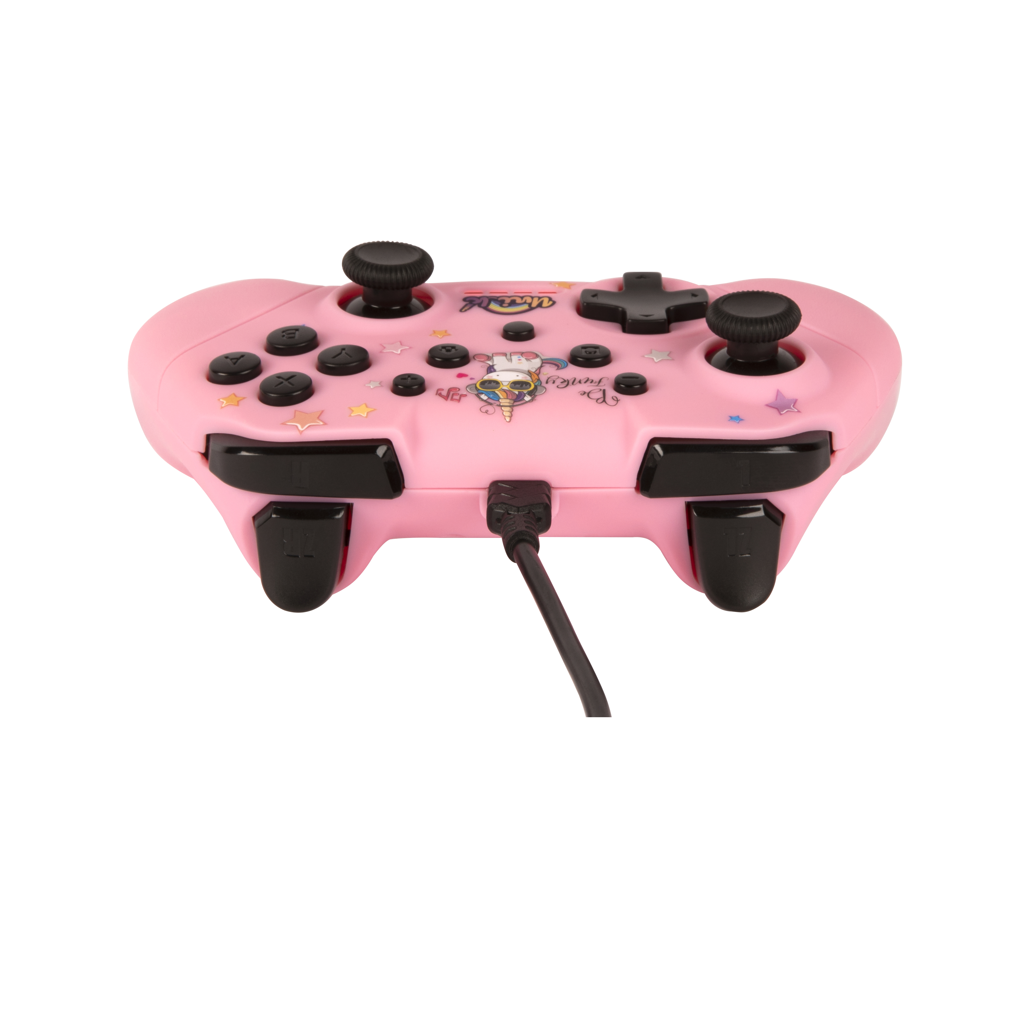 Controller di gioco rosa con pulsanti neri e design unicorno, collegato a un cavo nero.