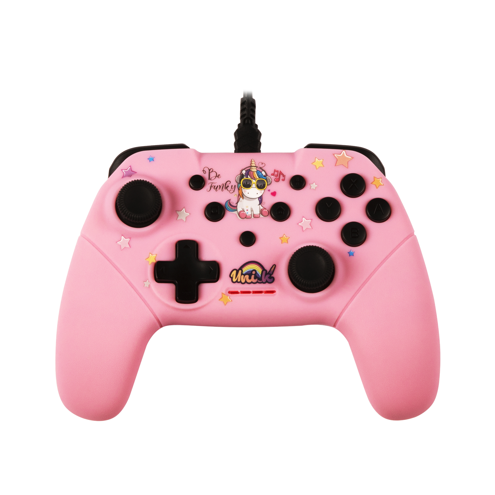 Un controller per videogiochi rosa con un design di unicorno, pulsanti multipli e un cavo.