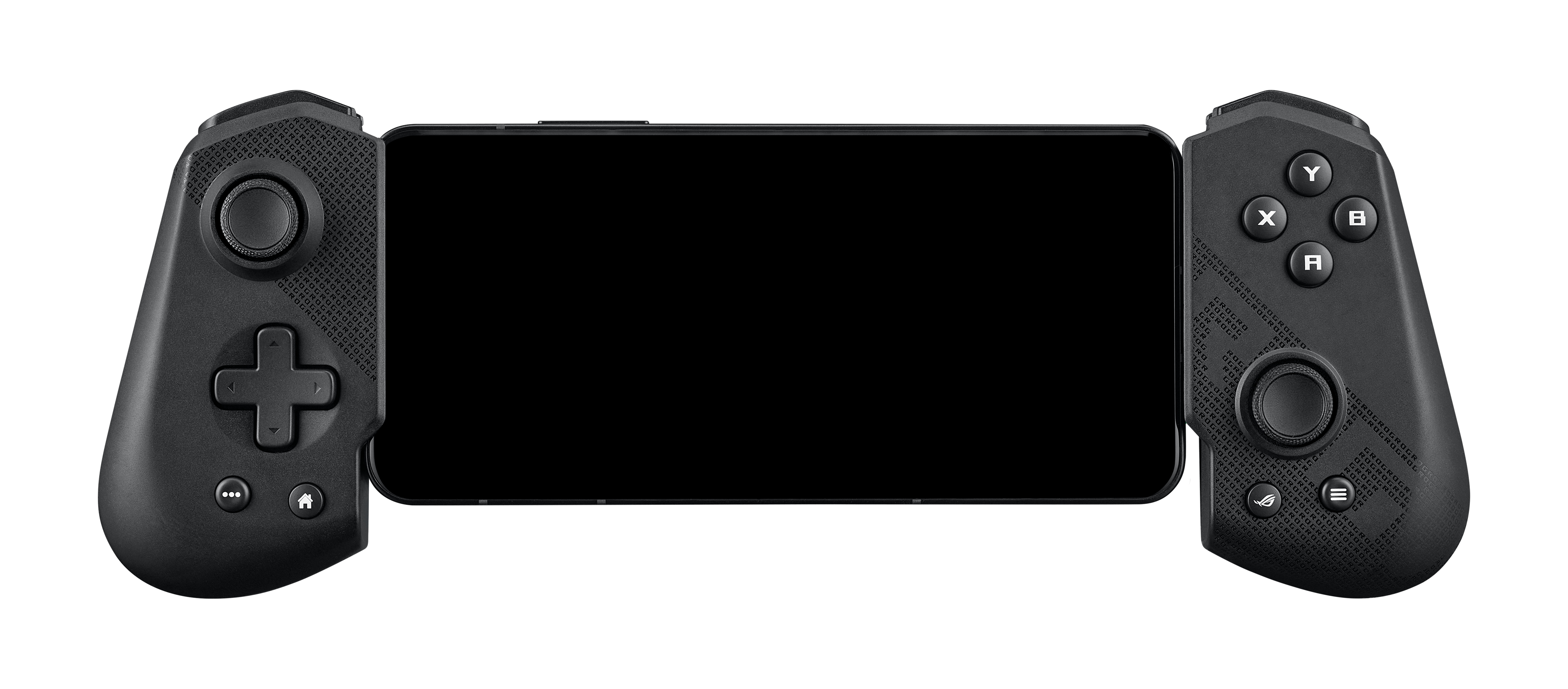 Telefon komórkowy trzymany przez kontroler do gier z przyciskami i padem kierunkowym.