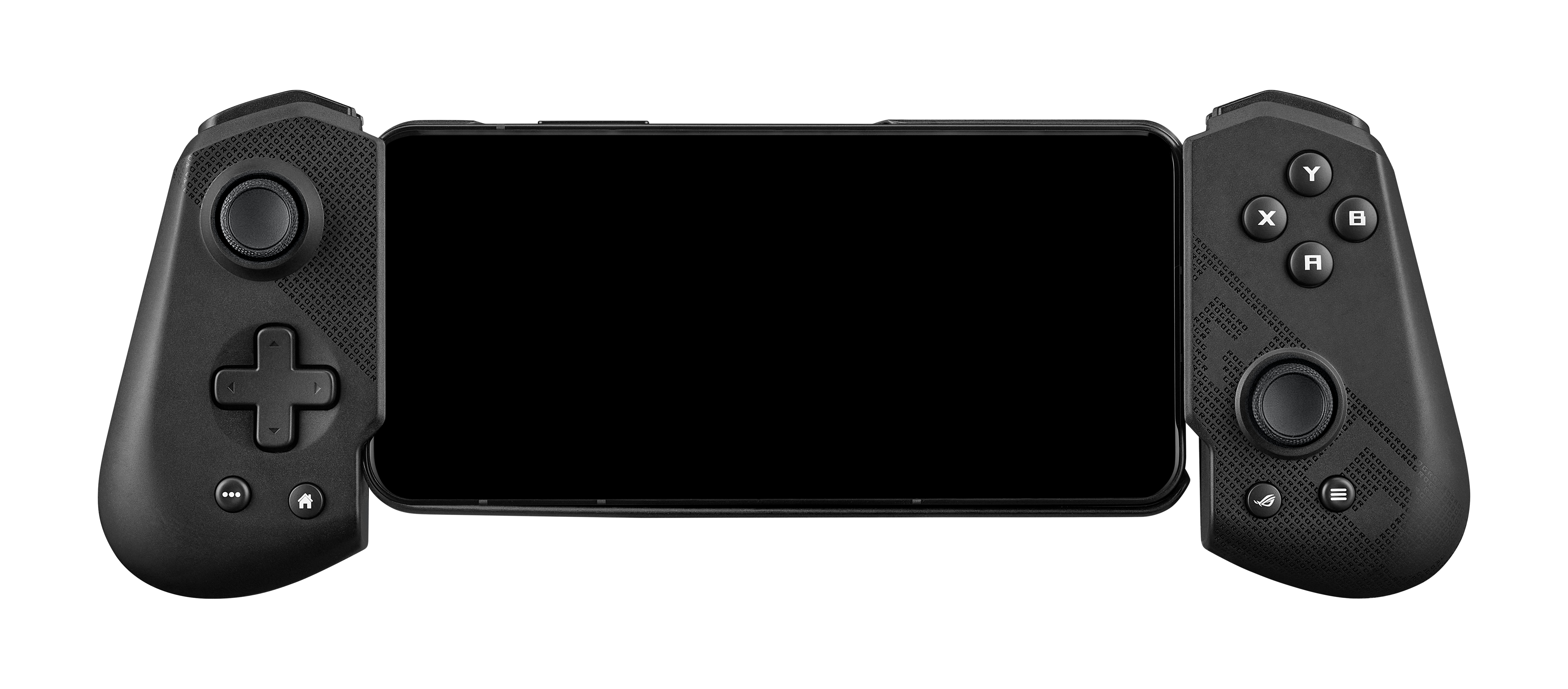 Czarny smartfon jest trzymany w czarnym gamepadzie. Pad ma przyciski i joystick.