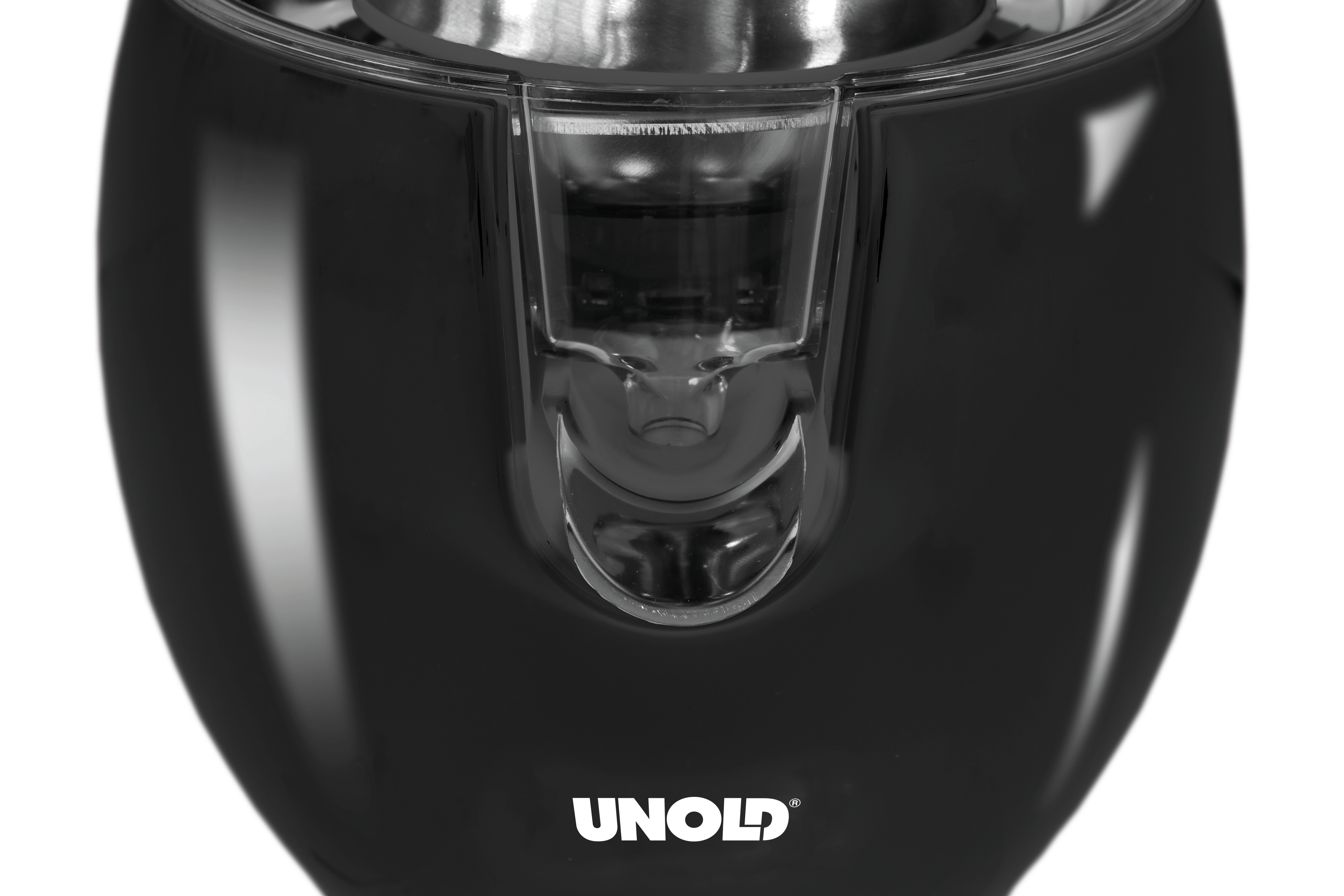 Primo piano del beccuccio di una centrifuga nera. La parola 'UNOLD' è visibile.