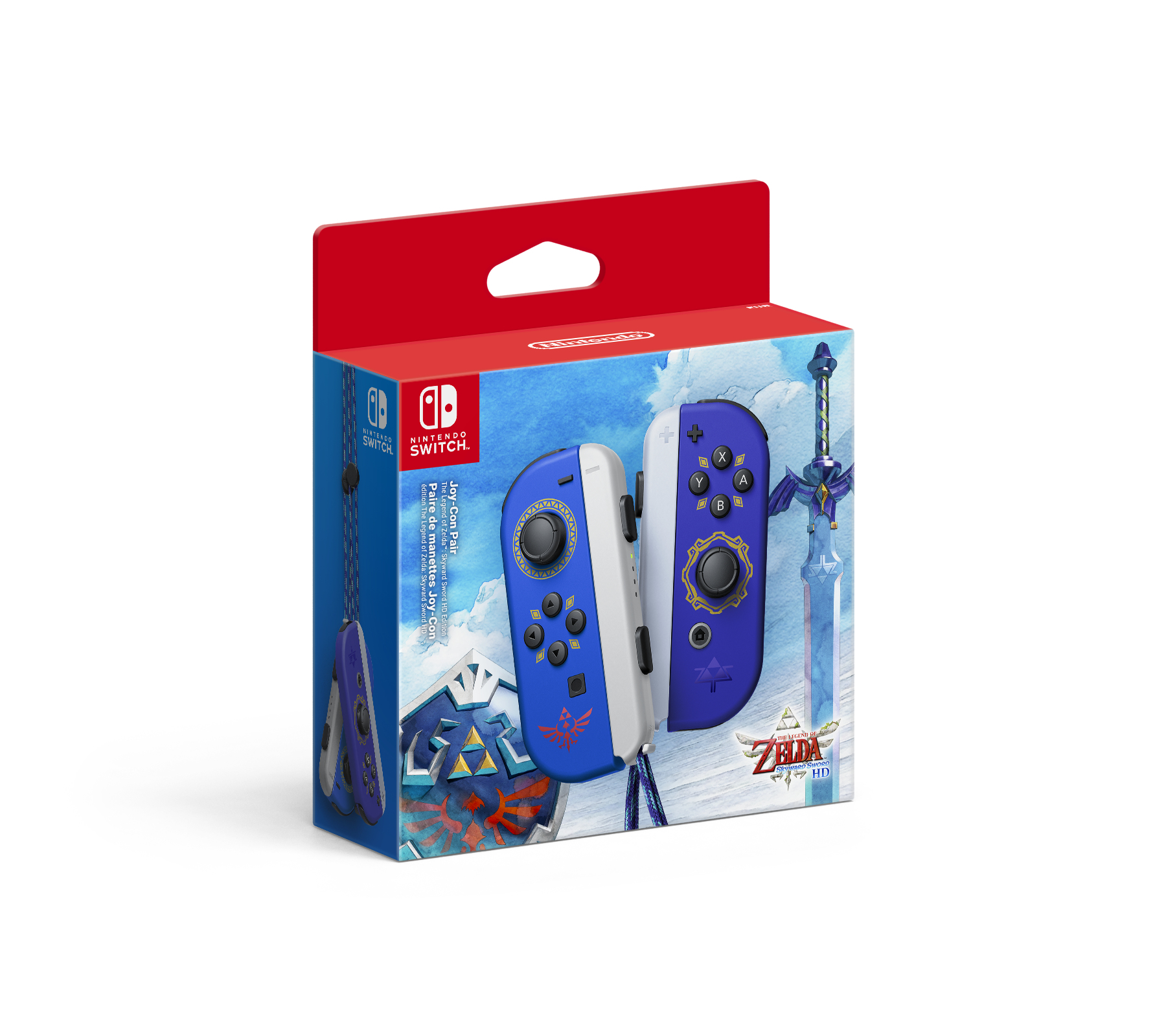 Schachtel mit Nintendo Switch-Controllern im Zelda-Design. Blaue und weiße Controller und ein Schwertbild.