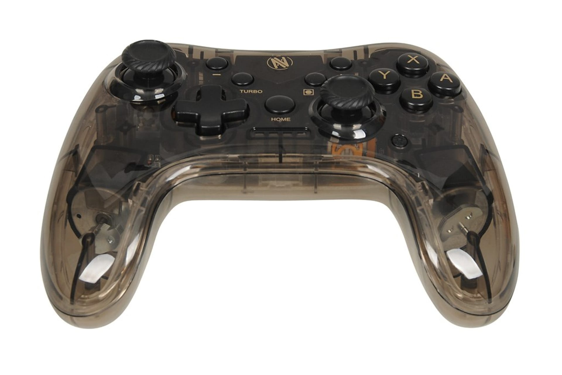 Ein durchsichtiger Gamecontroller mit schwarzen Knöpfen und Joysticks. Der Controller befindet sich auf weißem Hintergrund.