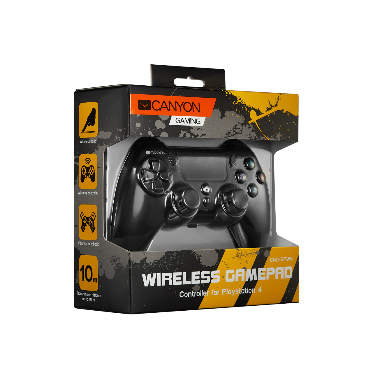 Un gamepad wireless Canyon nero nella sua scatola. La scatola è bianca e nera.