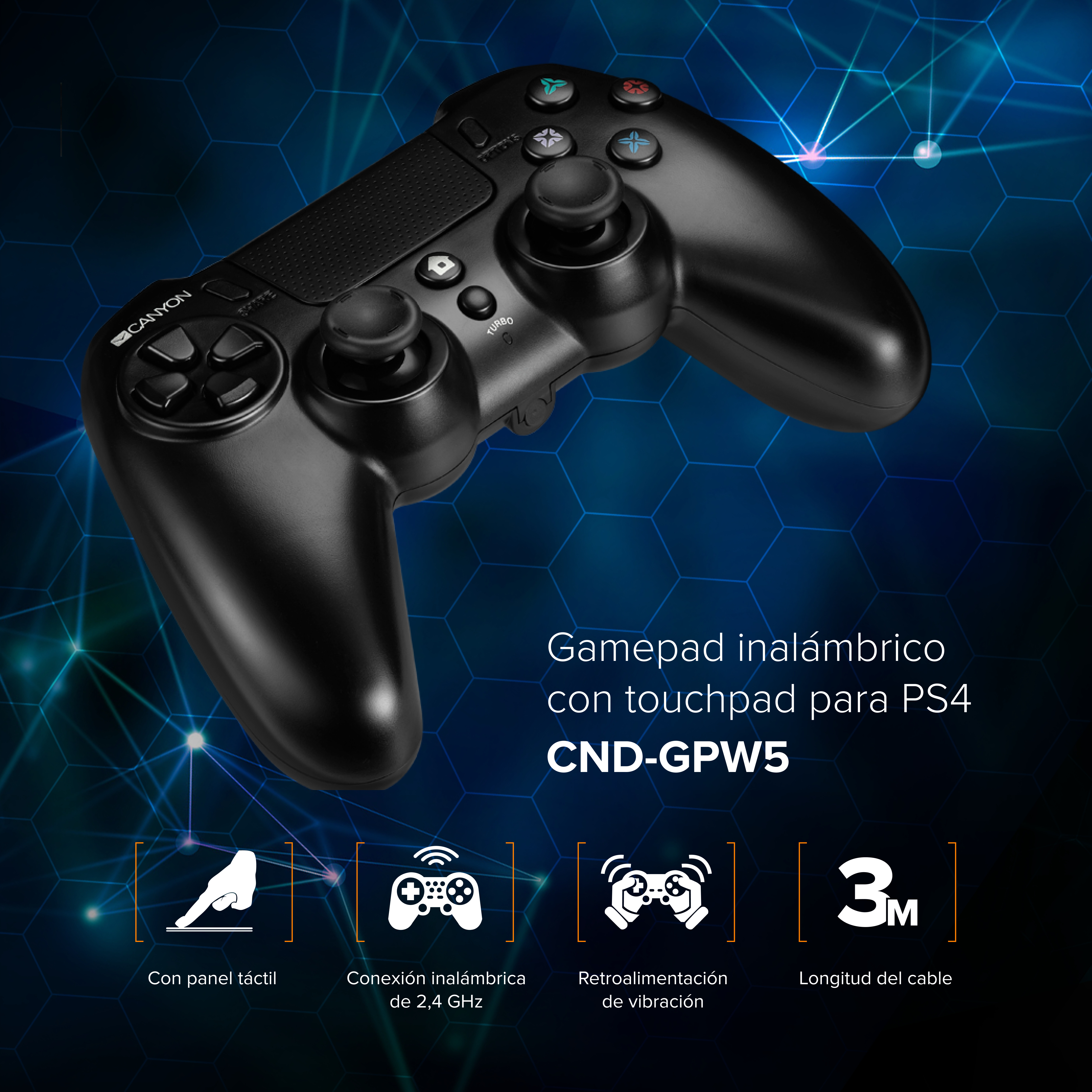 Un gamepad nero con vari pulsanti, etichettato 'Canyon', con testo che indica che è per PS4 e ha un cavo da 3m.