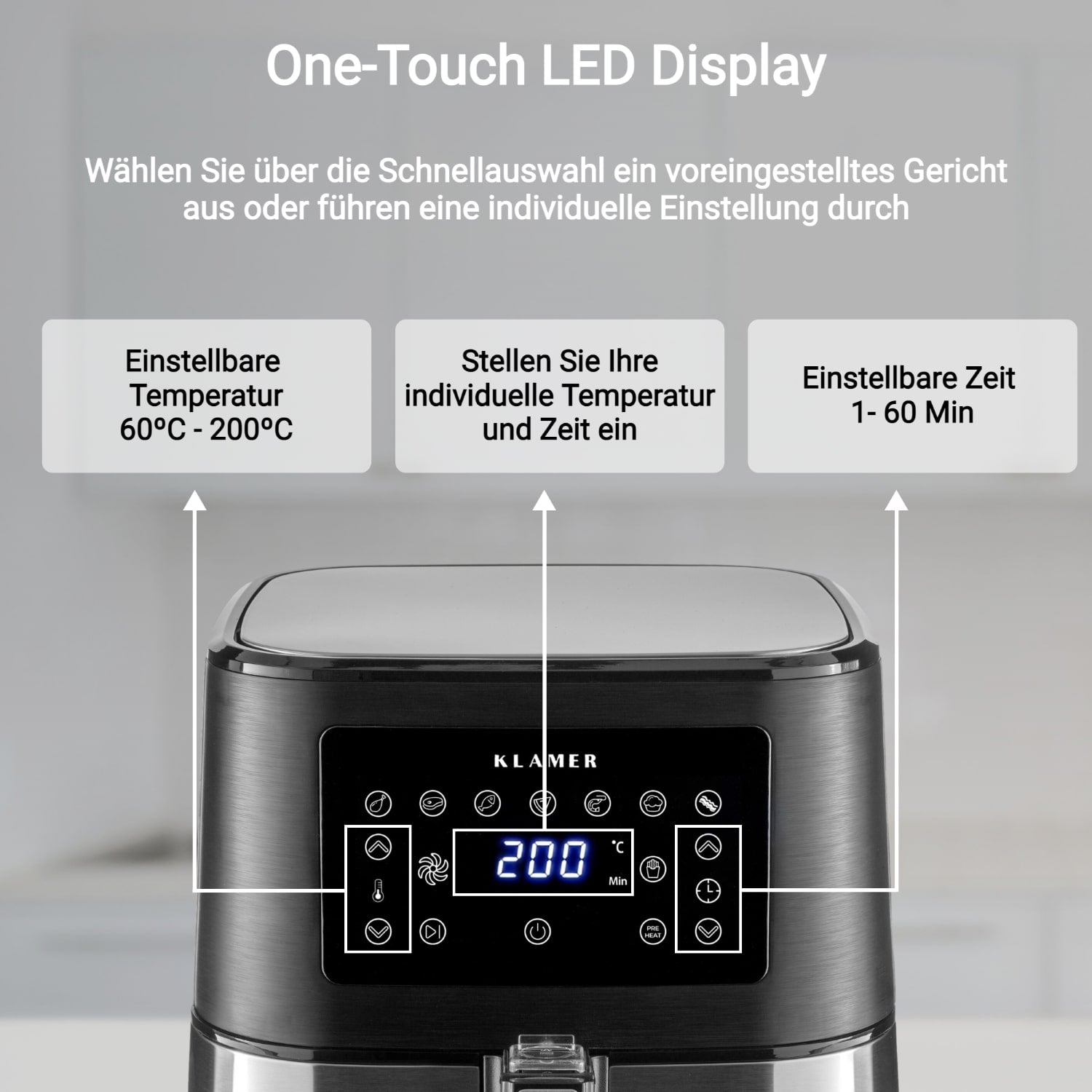 Eine schwarze Heißluftfritteuse mit Digitalanzeige, die Zeit- und Temperatureinstellungen anzeigt.