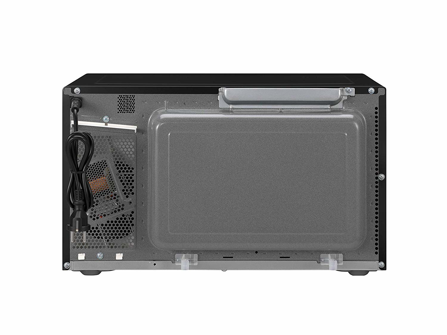 Tył czarnej kuchenki mikrofalowej z odsłoniętymi elementami elektrycznymi. Jest na białym tle.