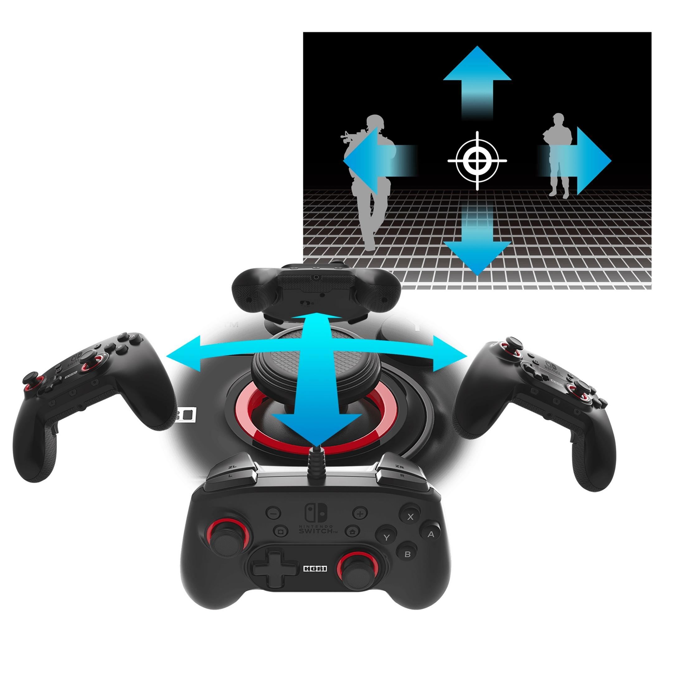 Configuración de un mando de juegos con flechas y figuras que indican direcciones de movimiento. Mandos negros.
