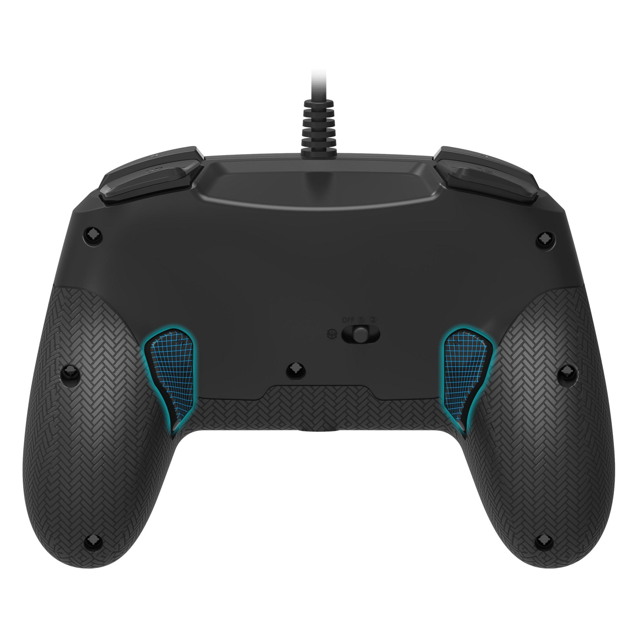 La parte trasera de un gamepad negro con agarres y botones texturizados, con un cable conectado.
