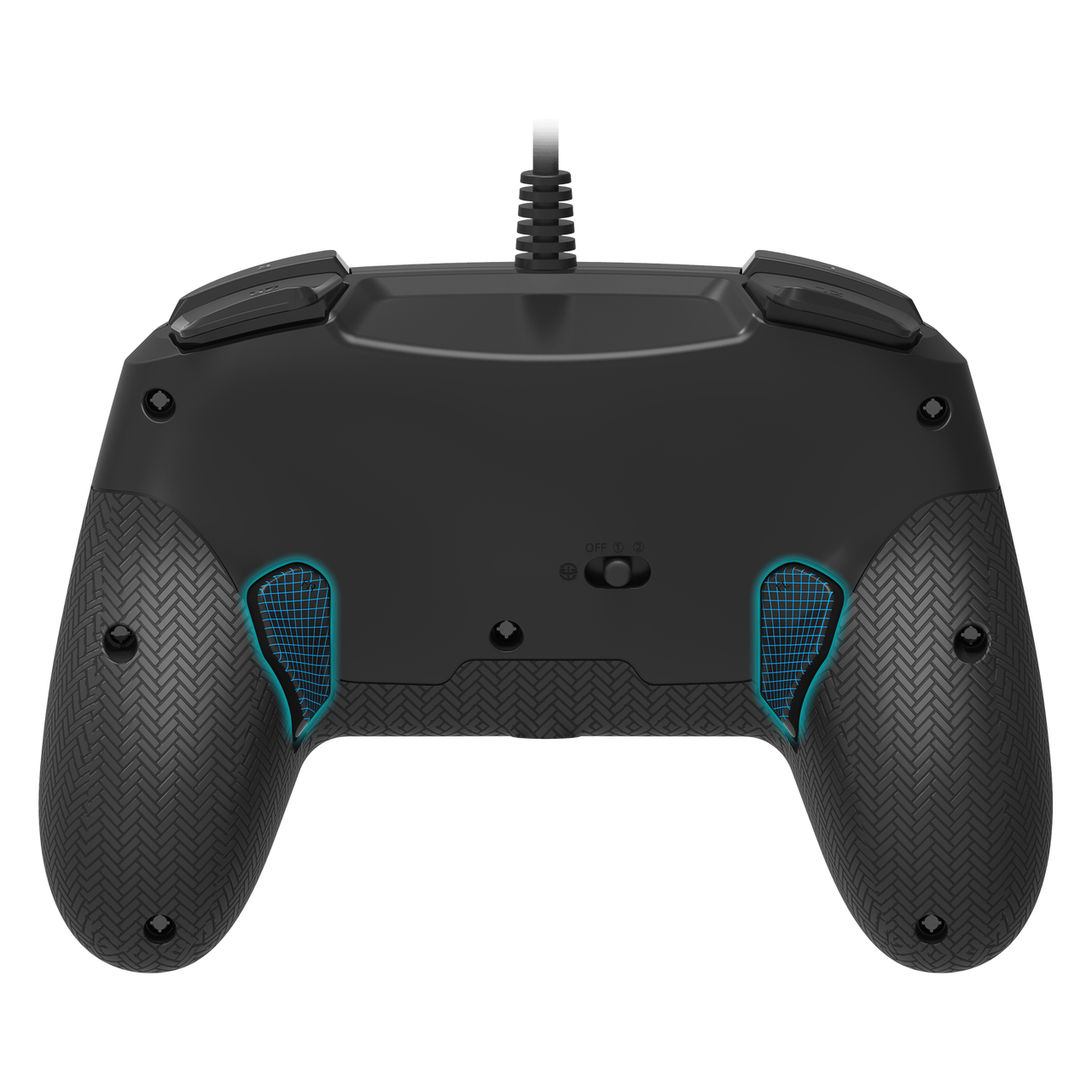 Parte trasera de mando de juego negro con agarres, botones e interruptor 'OFF' y 'ON'.