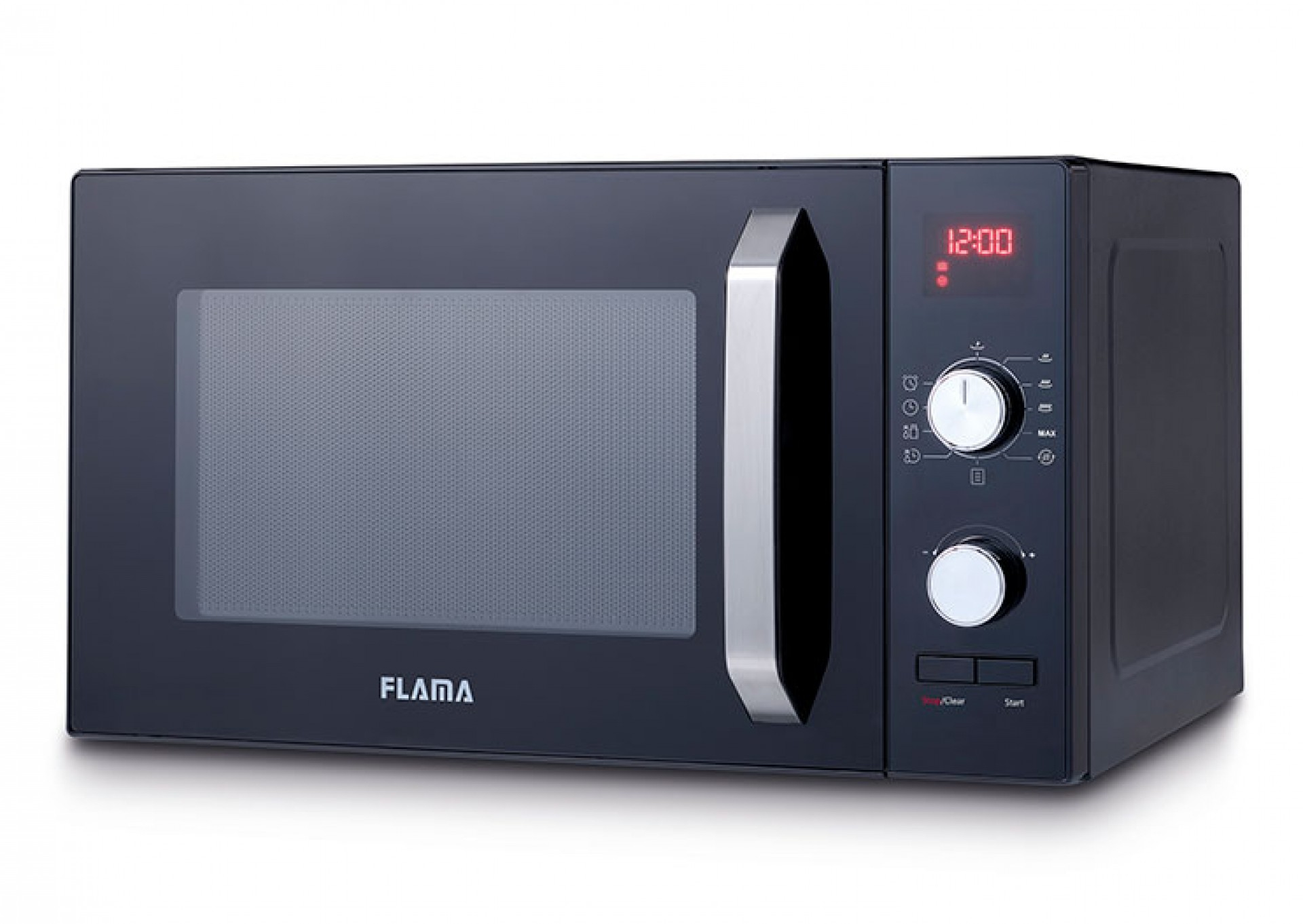 Horno microondas FLAMA negro con pantalla digital que muestra la hora. El microondas tiene un asa y botones plateados.