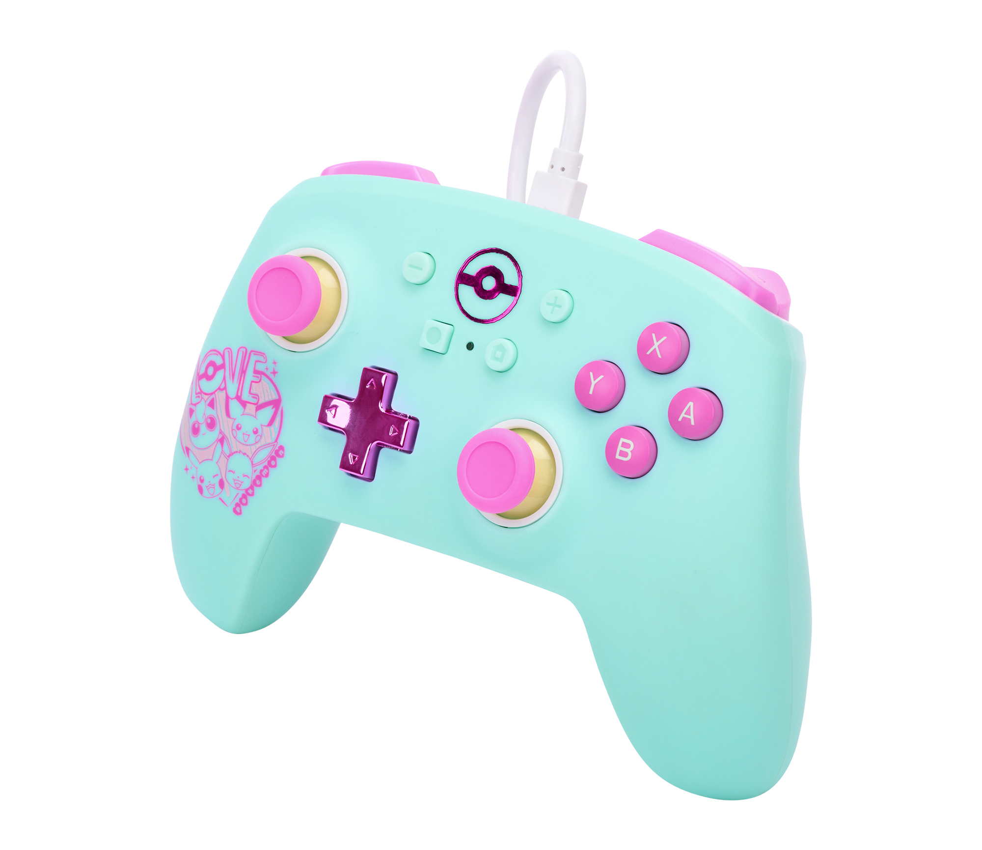 Türkis-rosa Gamecontroller. Enthält Tasten und Joystick. Weißes Kabel.