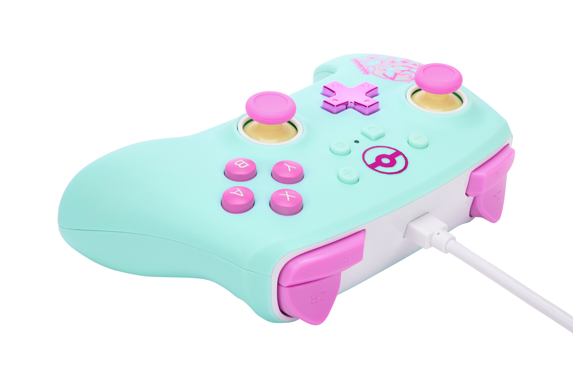 Minzfarbener Gamecontroller mit rosa Knöpfen und Akzenten. Ein Ladekabel ist angeschlossen.