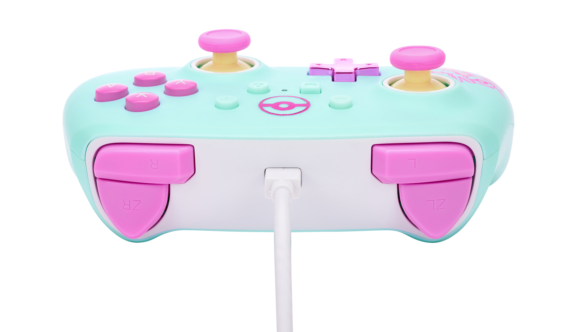 Ein hellblau-rosa Nintendo Switch Controller mit rosa Knöpfen und Kabel.