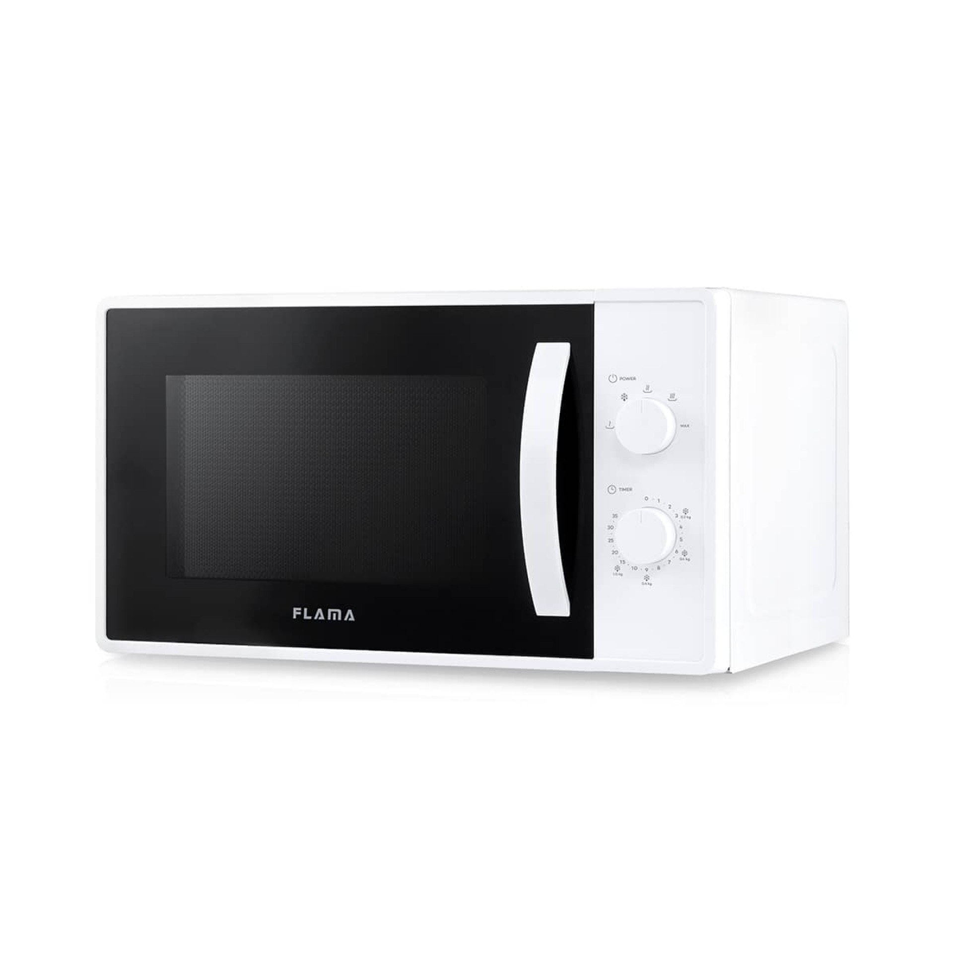 Microondas blanco con puerta negra y temporizador. Tiene el logo de Flama.