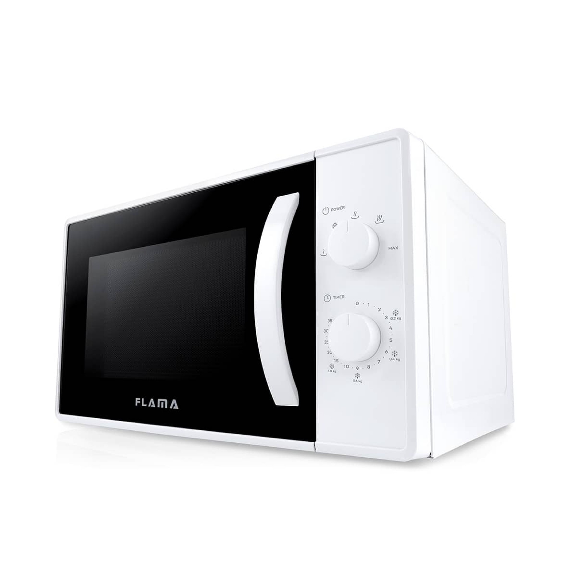Horno microondas blanco. El frente tiene una puerta negra, un asa y panel blanco.