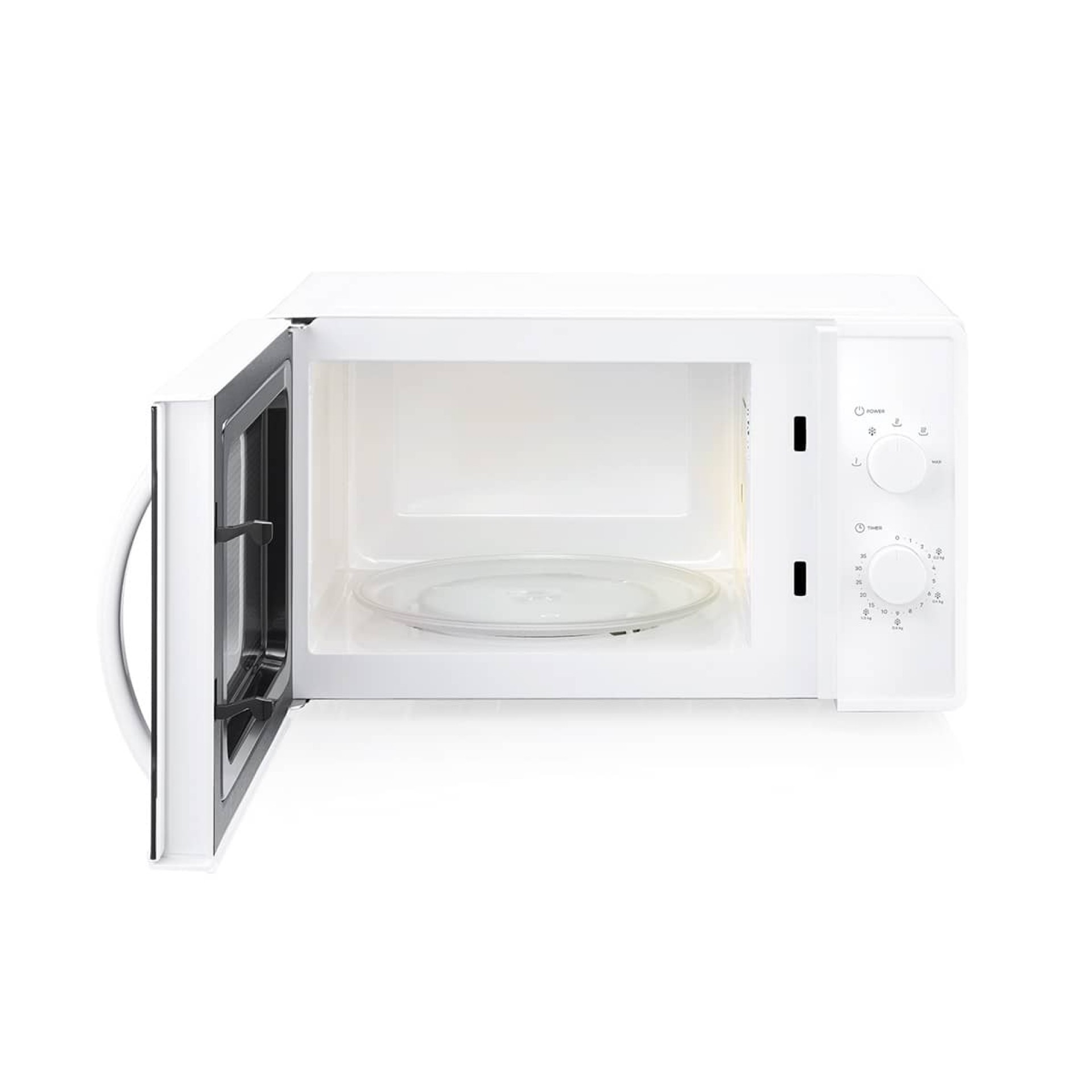 Un microondas blanco con la puerta abierta, mostrando el interior.