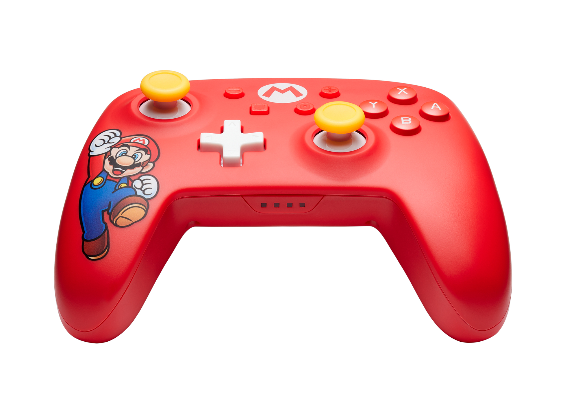 Czerwony kontroler do gier z Mario, żółtymi gałkami, białym krzyżem i przyciskami.