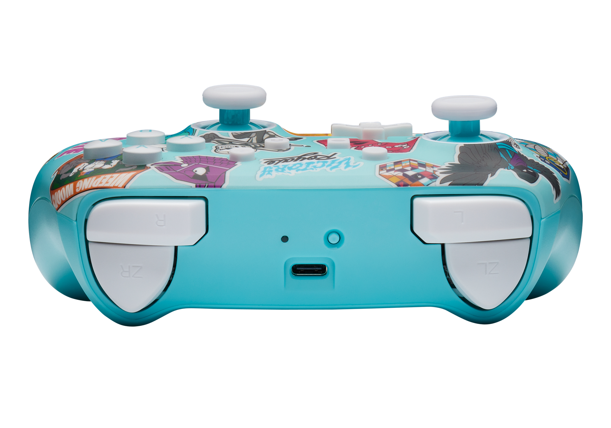 Niebieski kontroler do gier z przyciskami, z dekoracją graficzną, na białej powierzchni.