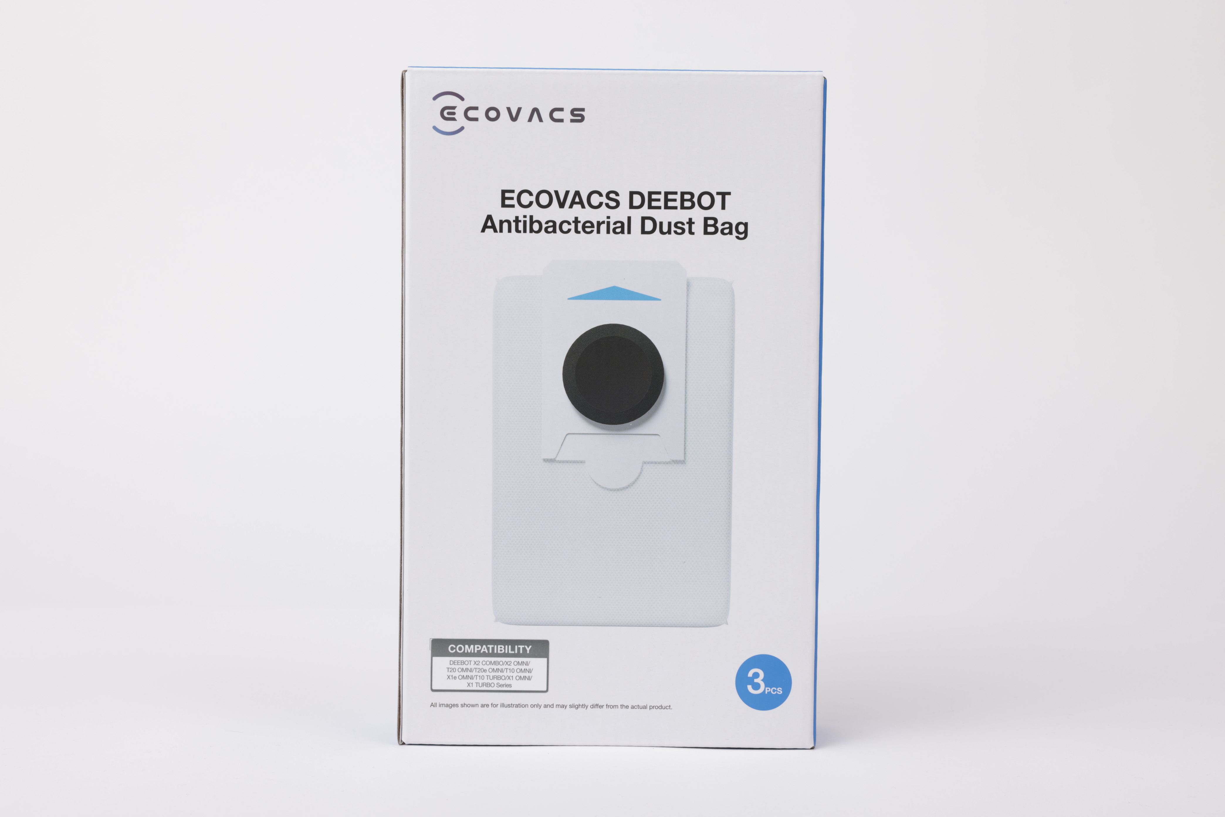 Weiße und blaue Ecovacs Deebot antibakterielle Staubbeutel-Verpackung.