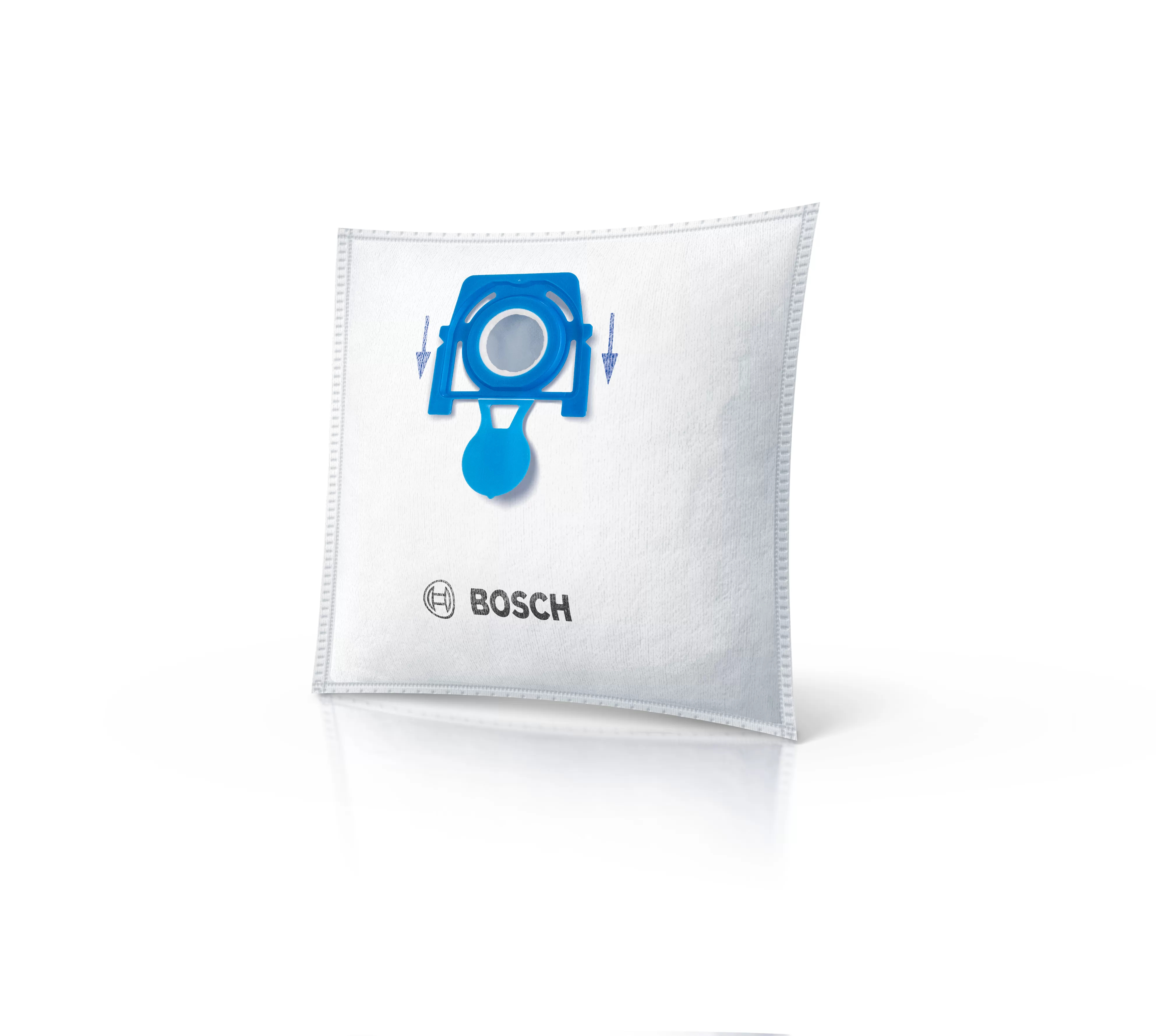 Un sacchetto per aspirapolvere Bosch bianco con connettore e logo blu.