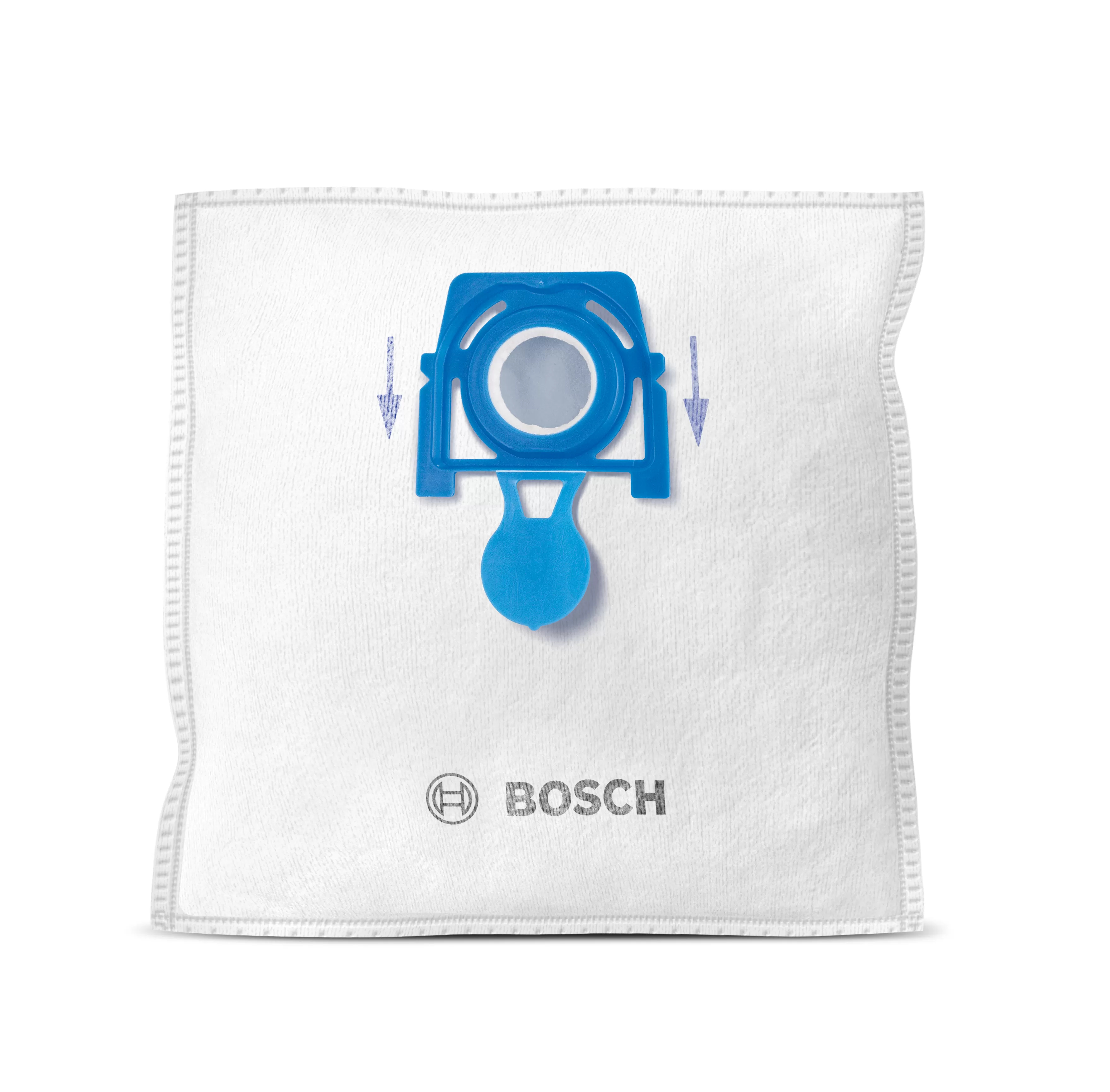Sacchetto raccoglipolvere bianco con chiusura blu e logo Bosch.