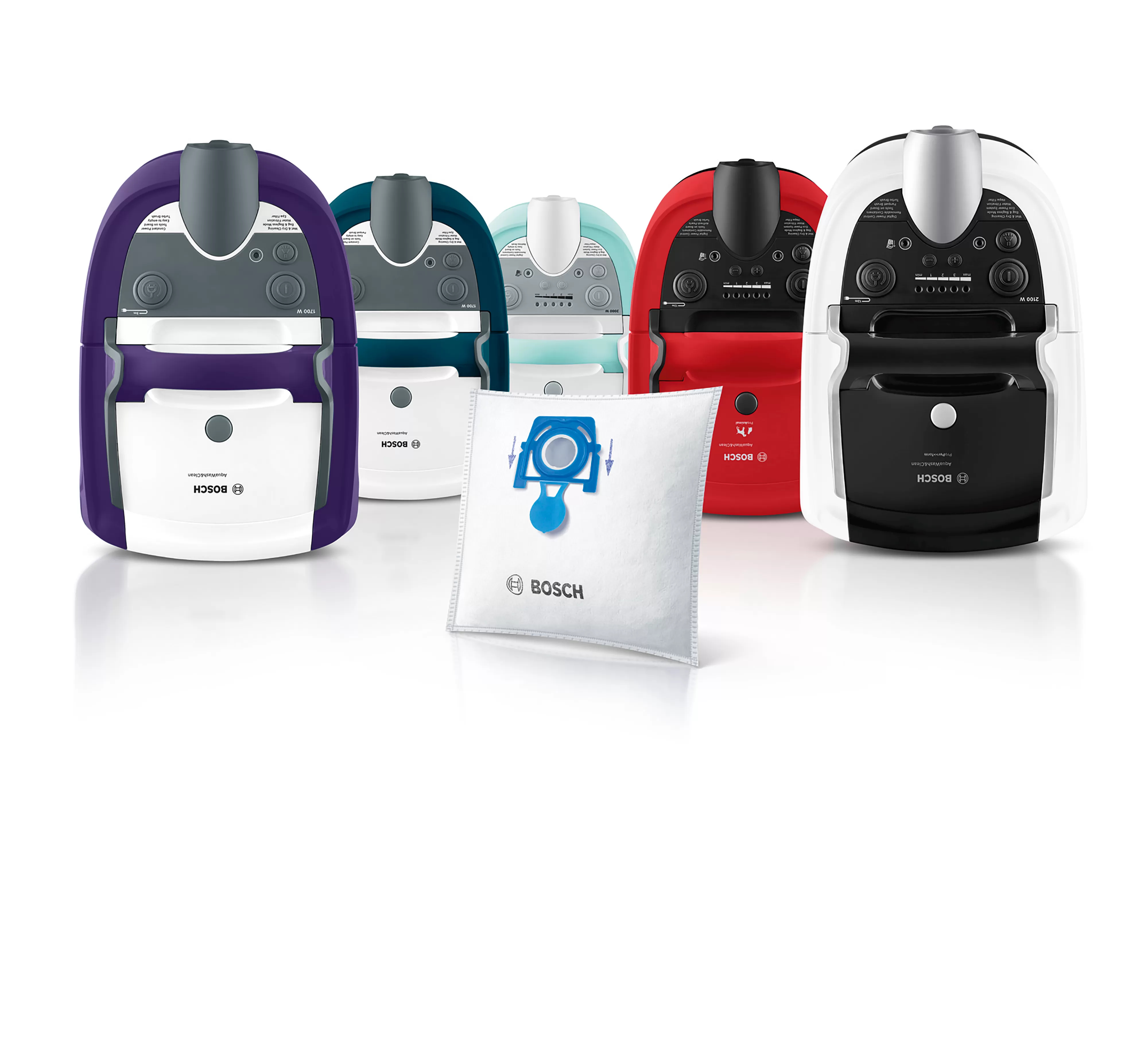 Cinque aspirapolvere Bosch viola, blu scuro, azzurro, rosso e bianco con sacchetto.