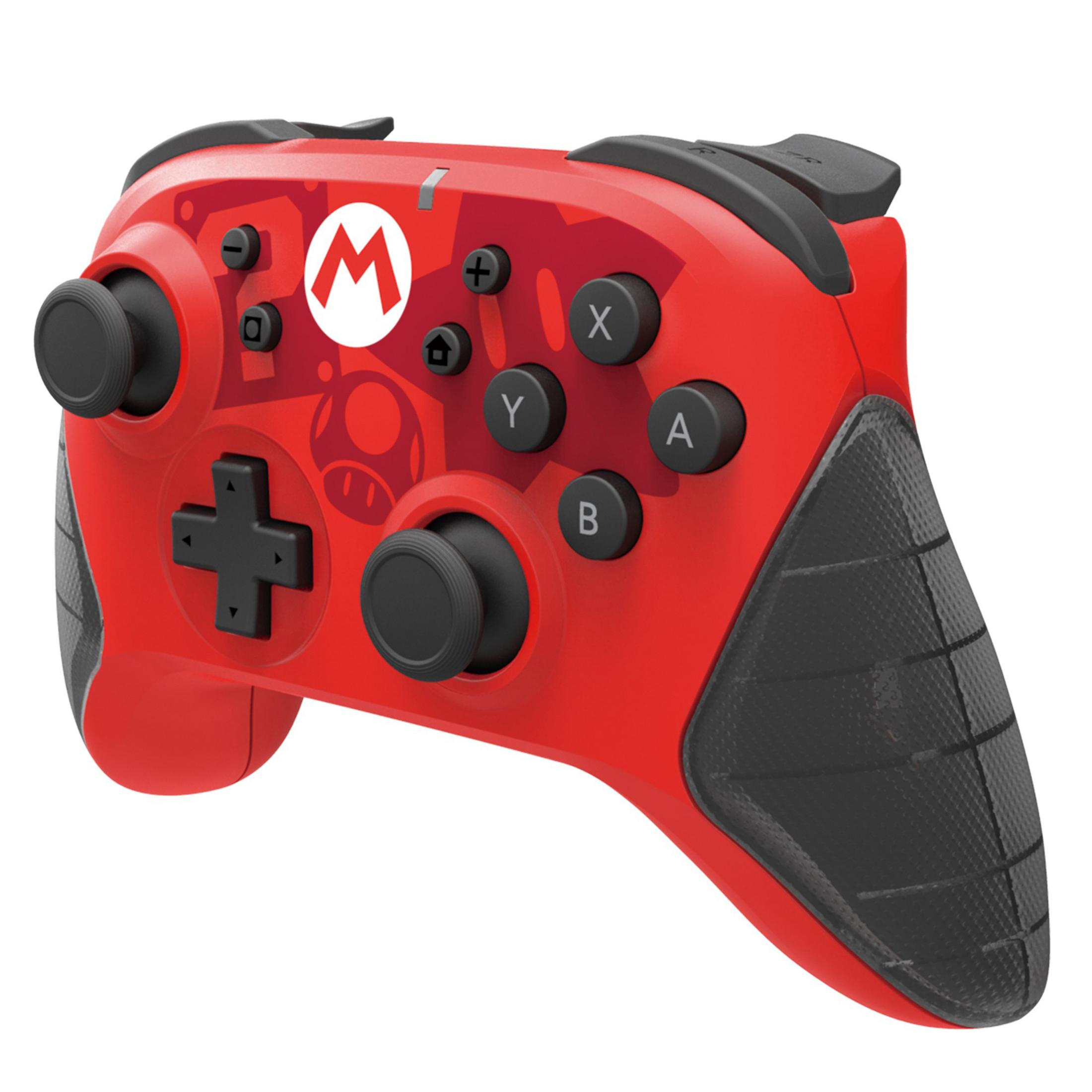 Roter Nintendo Switch Controller mit Mario-Design und Knöpfen.