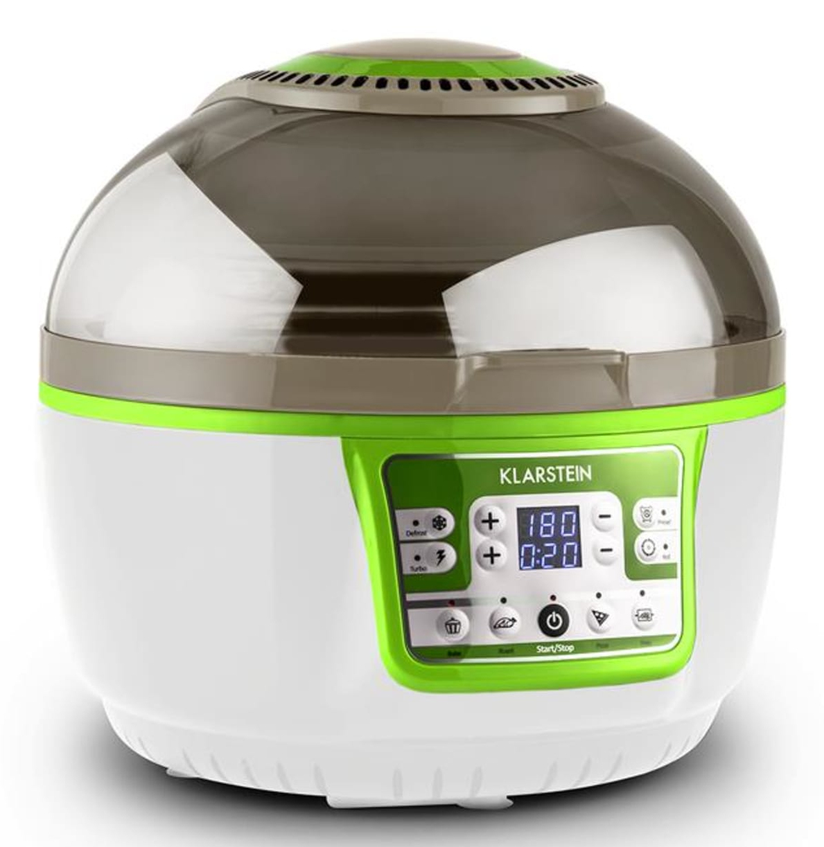 Friggitrice ad aria bianca e verde con coperchio trasparente. Ha un display digitale e pulsanti di controllo.