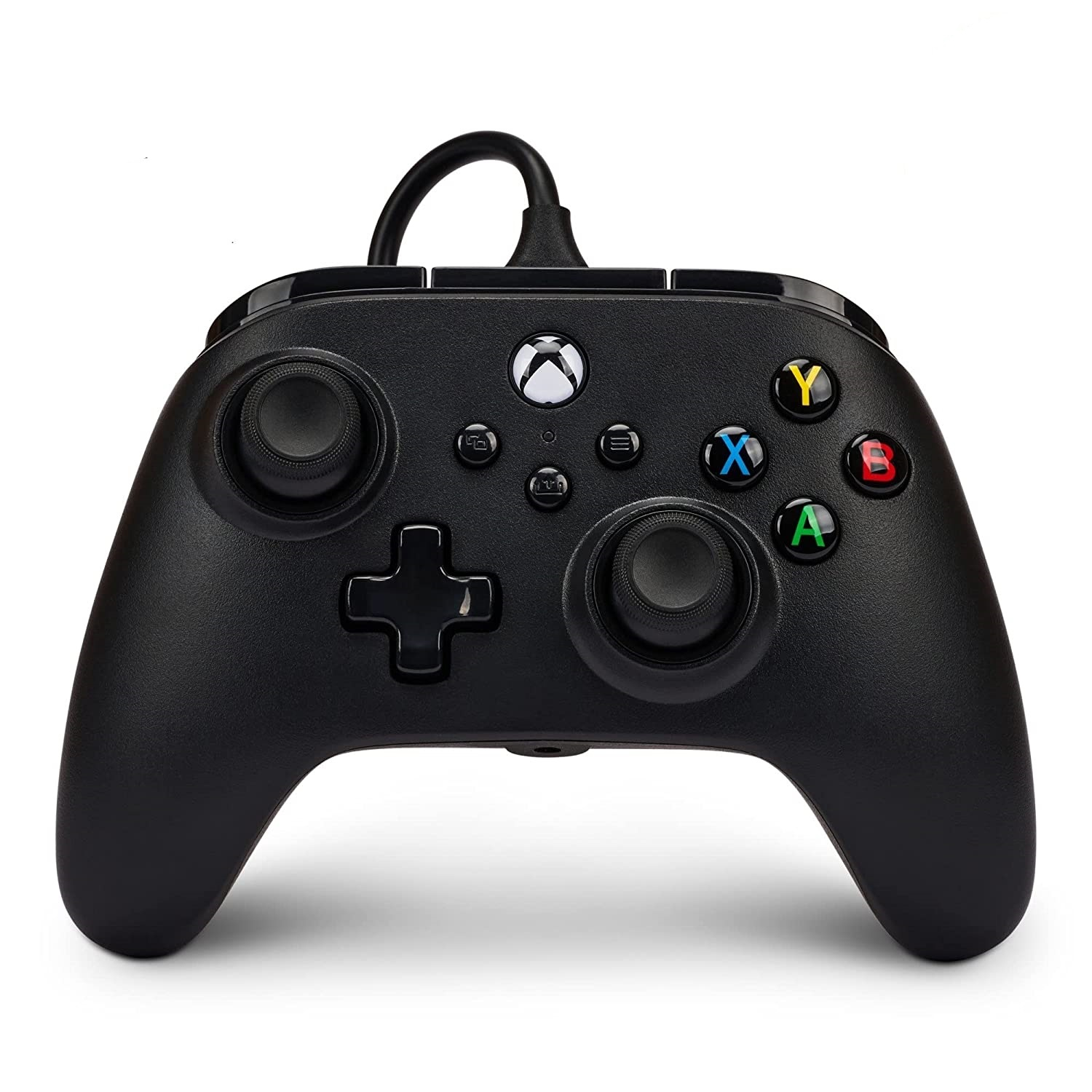 Controller Xbox nero con pulsanti, joystick e cavo. Logo Xbox al centro.