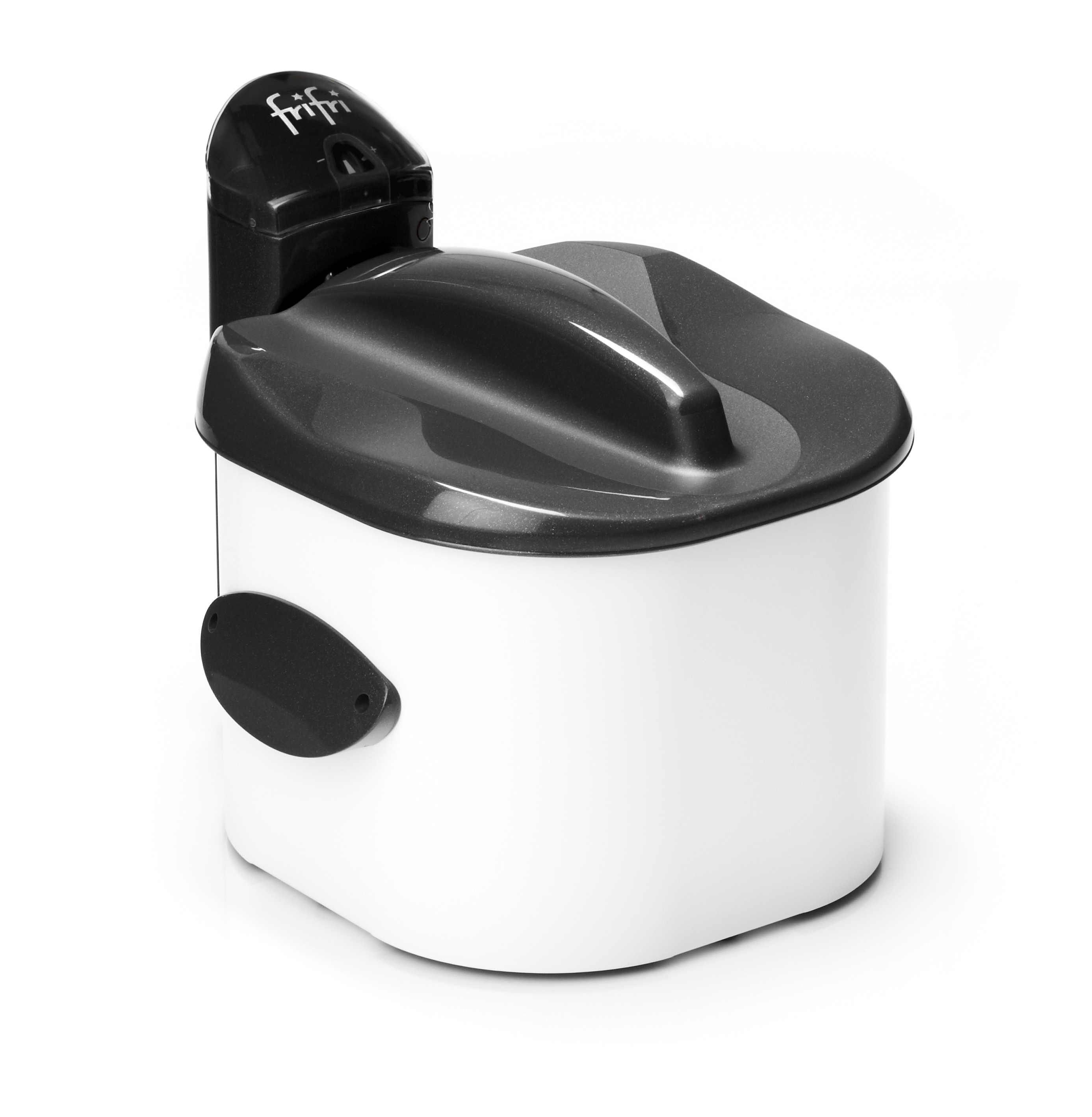 Appareil blanc et gris. C'est un petit broyeur de déchets alimentaires avec un dessus et un bouton sombres.