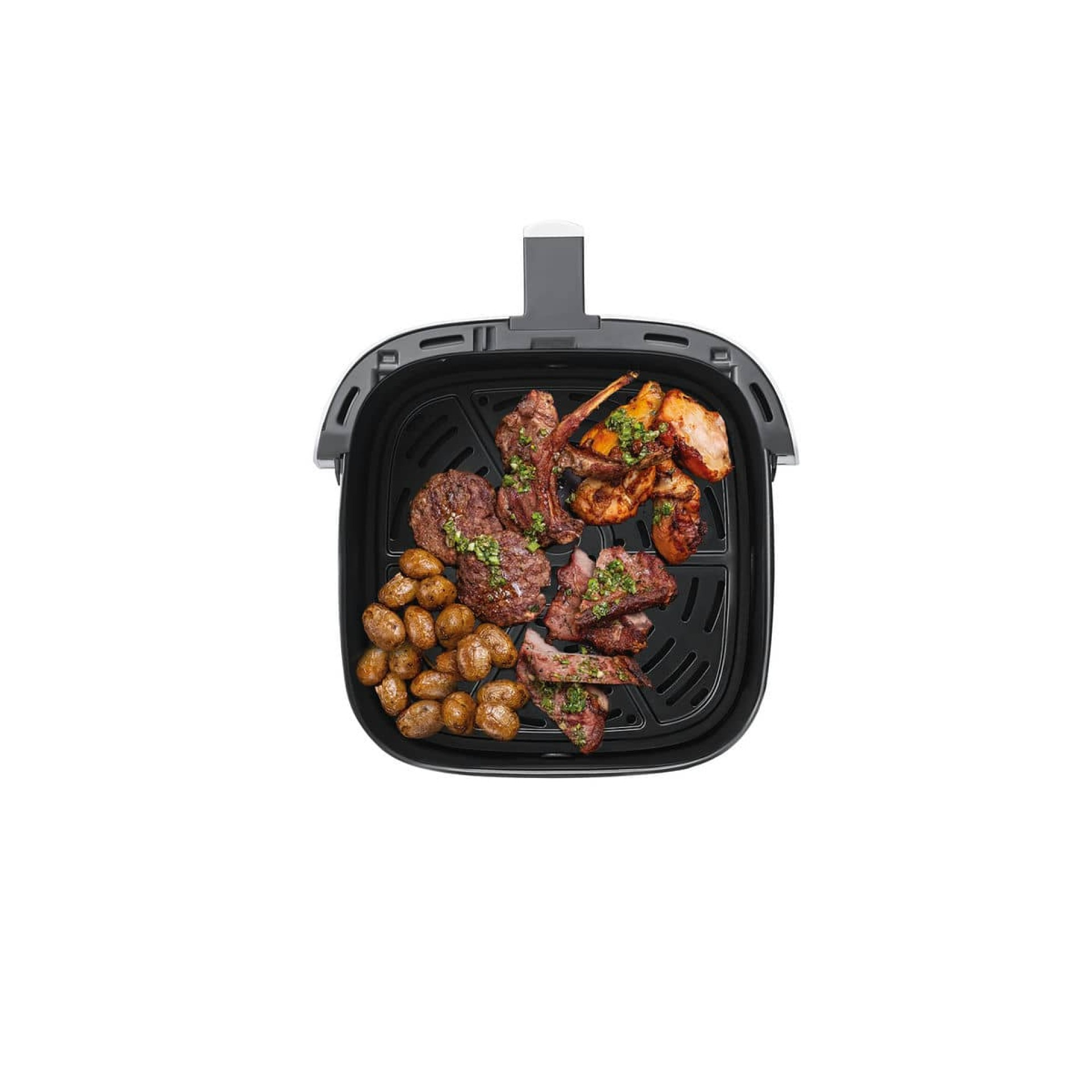 Friggitrice ad aria con vari cibi cotti. Include bistecche, patate e altri cibi grigliati.