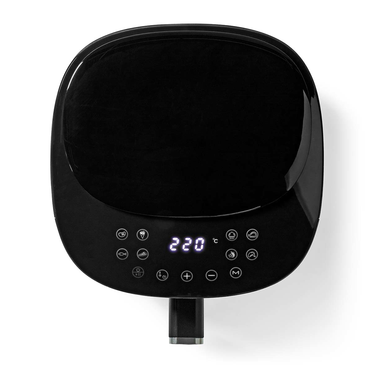 Czarny panel sterowania frytkownicy powietrznej z wyświetlaczem cyfrowym i przyciskami.