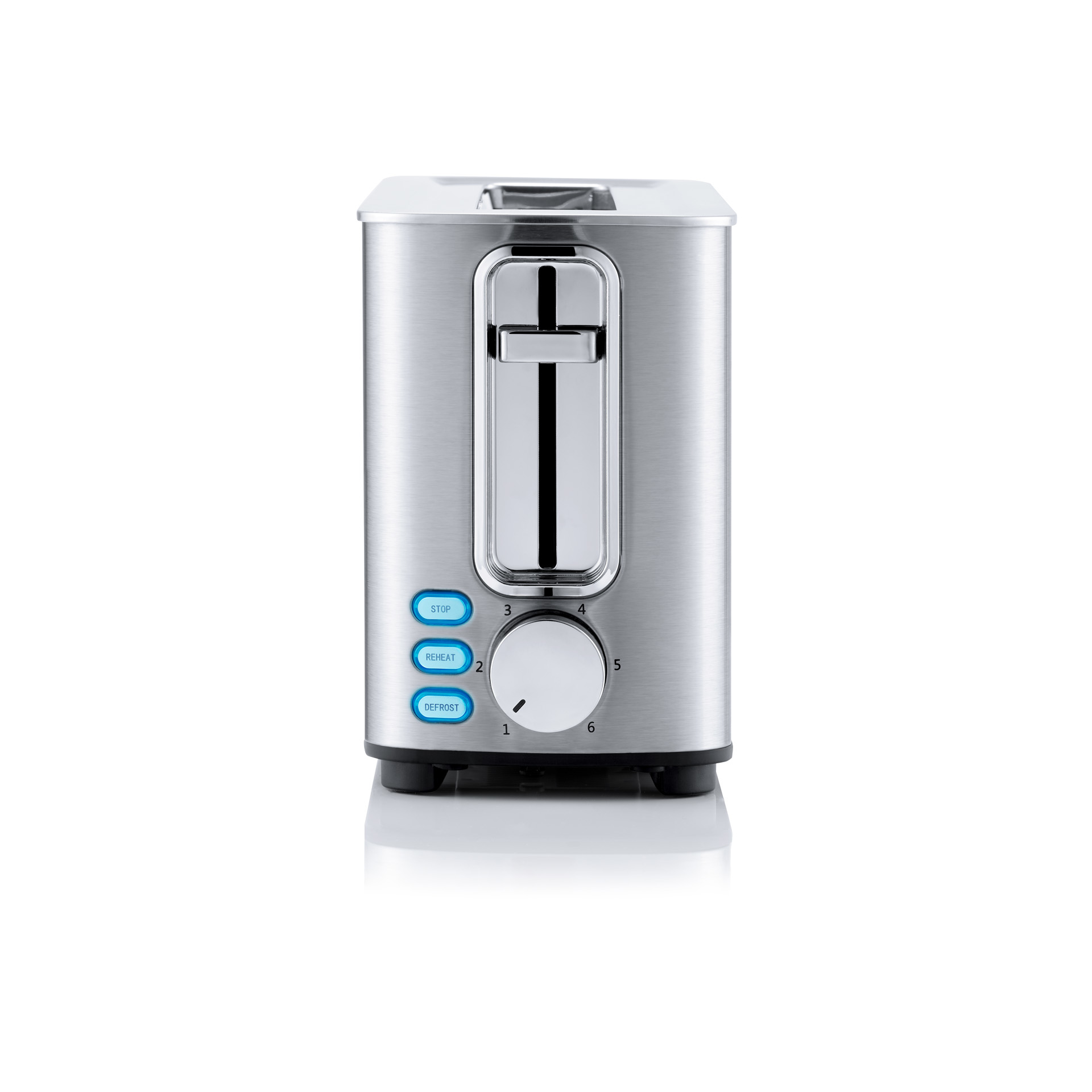 Metaliczny srebrny toster z niebieskimi przyciskami i pokrętłem.