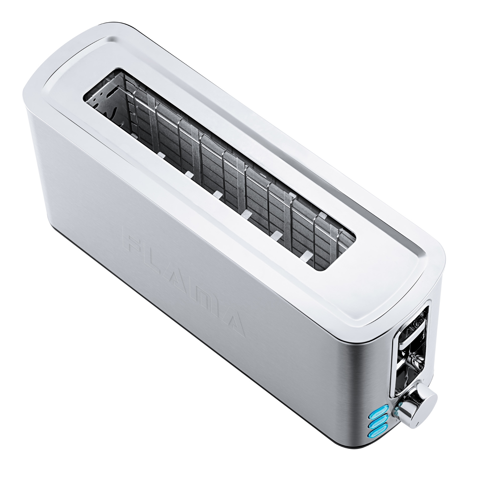 Srebrny toster z logo FLAMA. Posiada szczeliny na chleb i niebieskie światła.