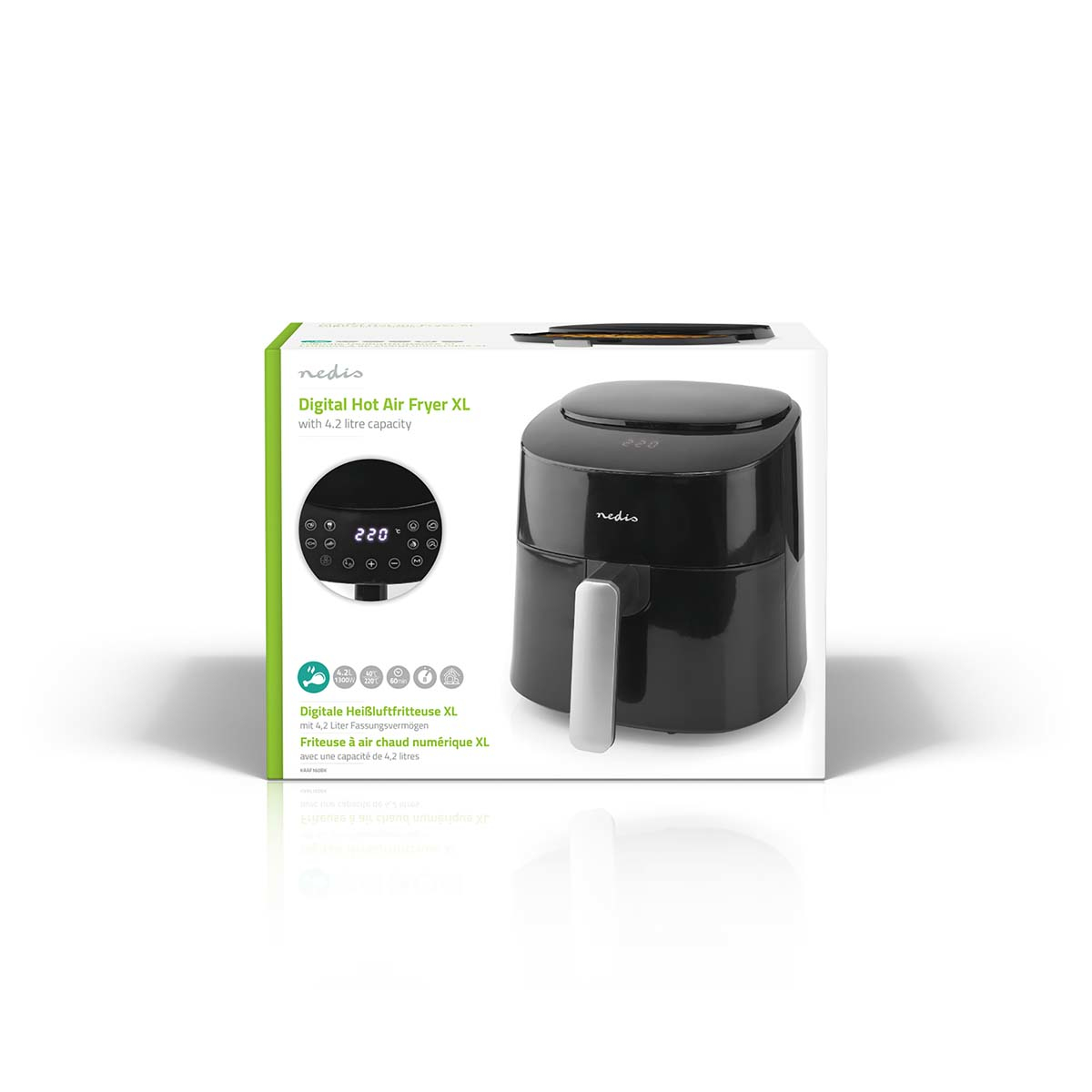 Pudełko cyfrowej frytkownicy na gorące powietrze o pojemności 4,2 litra, czarne.