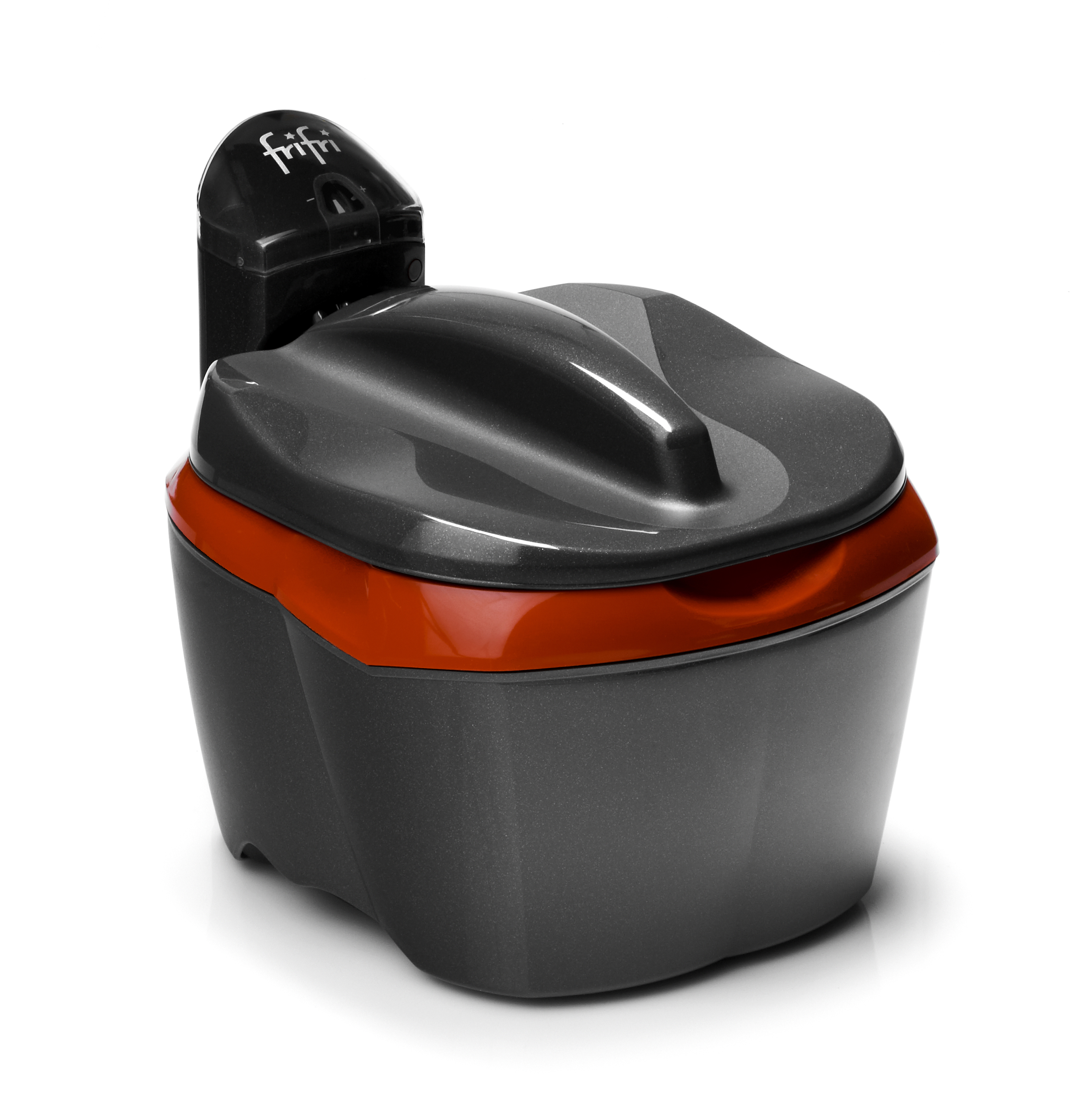 Zamknięta, ciemnoszara frytownica z pomarańczową krawędzią wewnętrzną, na białym tle.