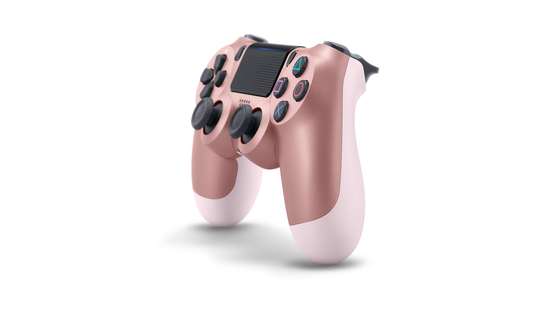 Ein roségoldenes und weißes PS4-Gamepad. Es ist abgewinkelt und zeigt Knöpfe und Joysticks.